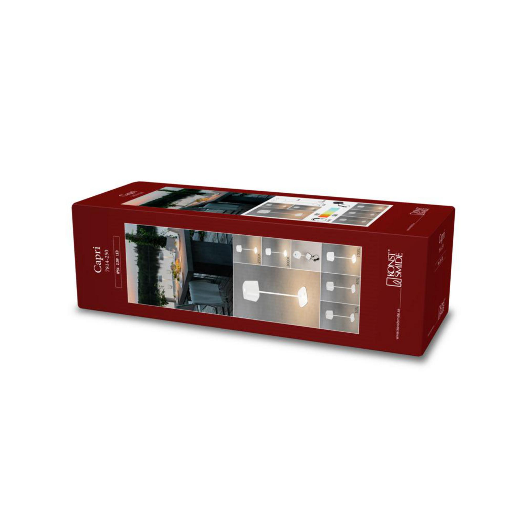 Eine Produktbox zeigt die Capri-Lampe in verschiedenen Umgebungen und hebt ihr Design und ihre Funktionen hervor.