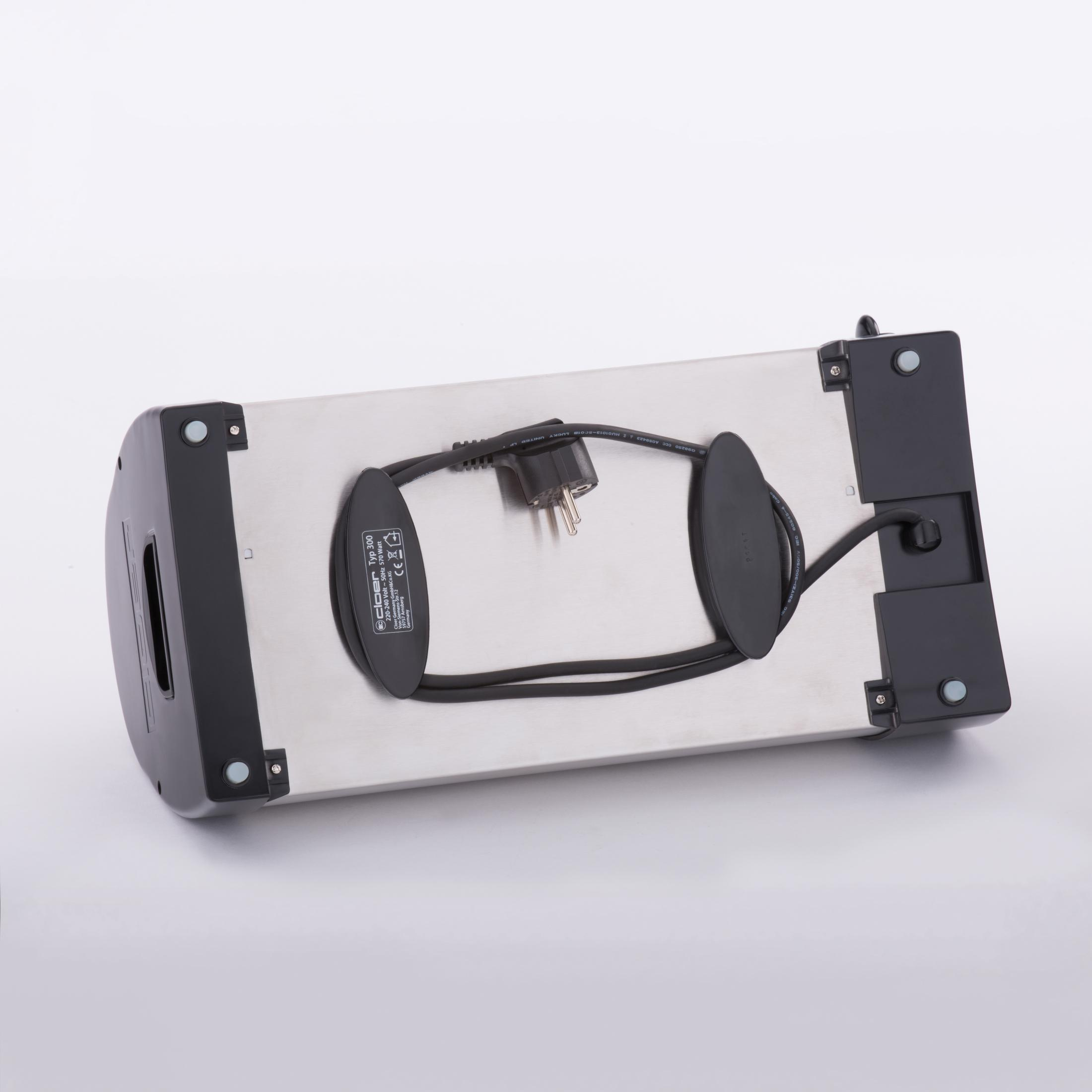 Spód tostera do chleba z przewodem zasilającym i gumowymi nóżkami.