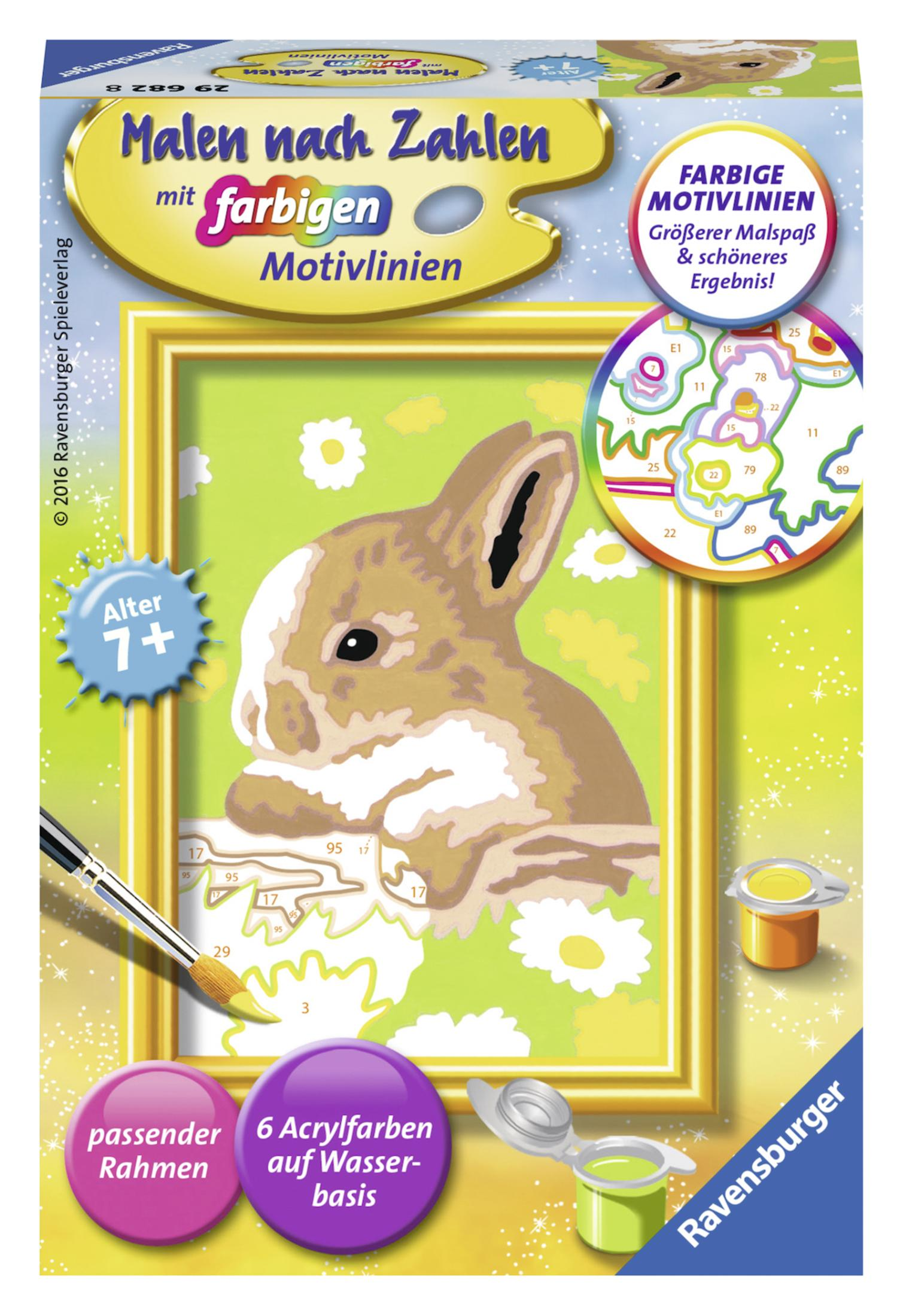 Ravensburger Malen-nach-Zahlen-Set mit Hasenmotiv. Enthält Farben, Pinsel und Anleitung für Kinder ab 7 Jahren.