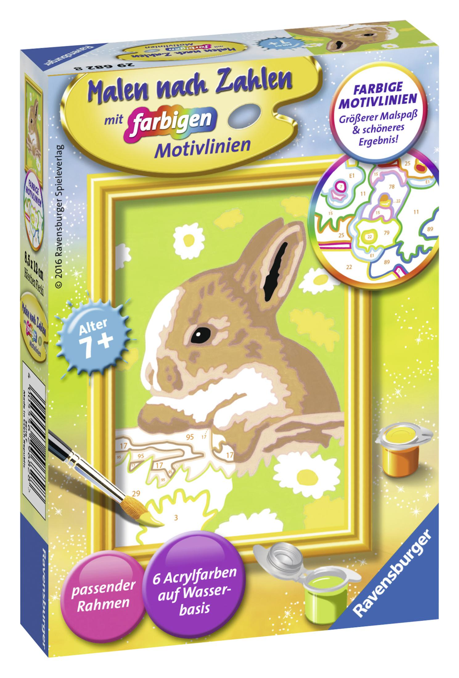 Ravensburger Malen-nach-Zahlen-Set mit Hasenmotiv. Enthält Farben, Pinsel und Anleitung für Kinder ab 7 Jahren.