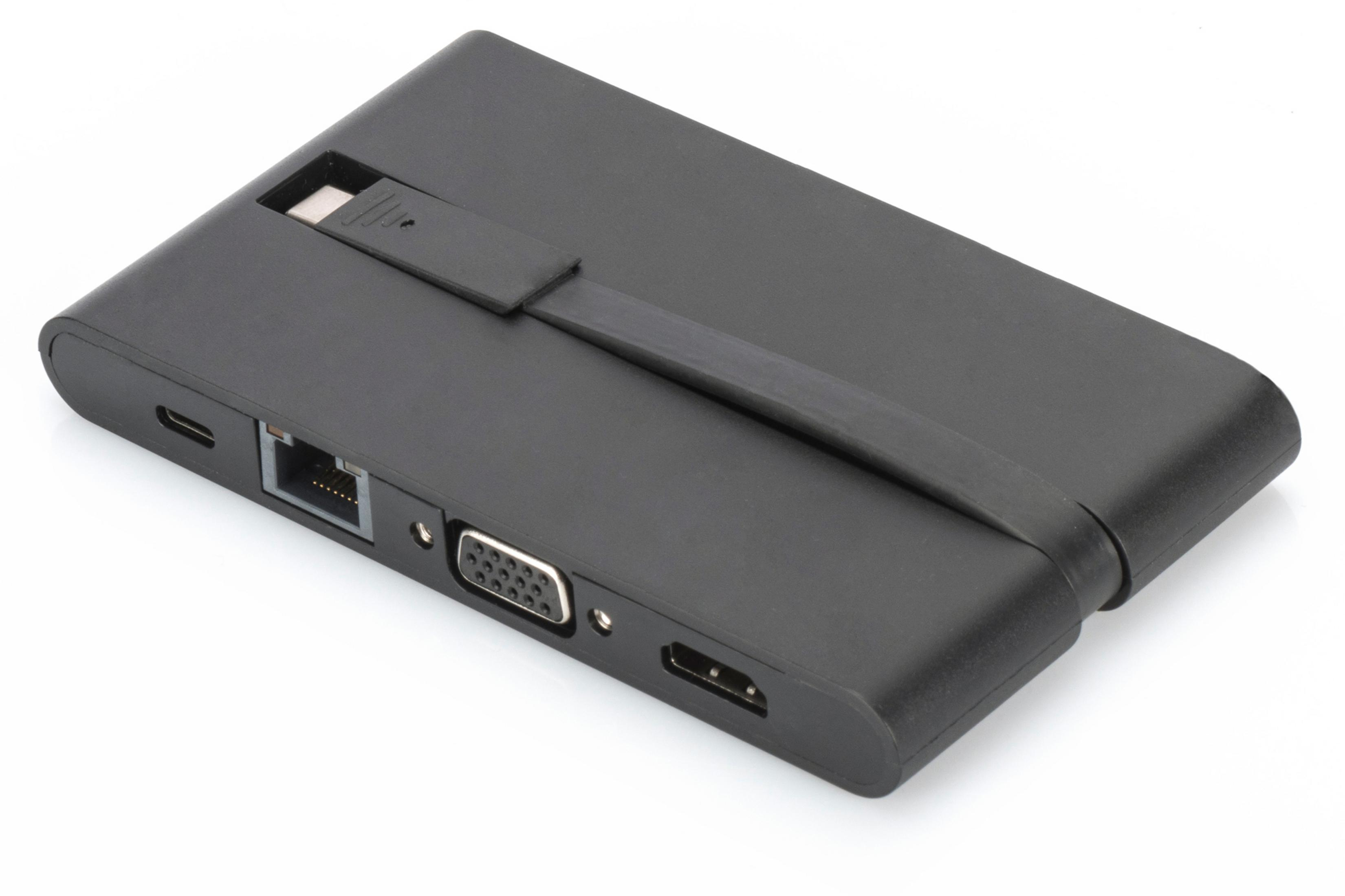 Ein schwarzer Multiport-Adapter mit verschiedenen Anschlüssen wird auf weißem Hintergrund angezeigt.
