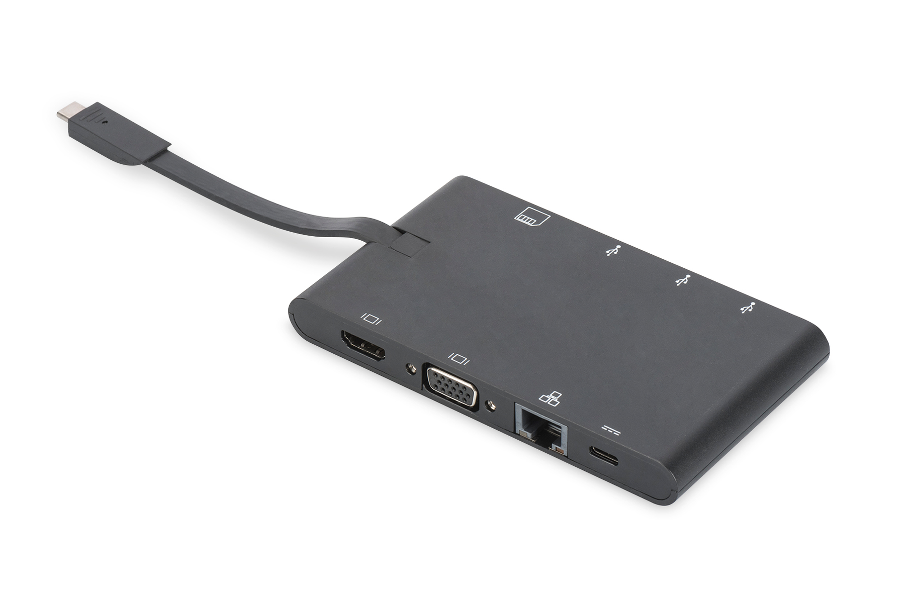 Ein schwarzer Multiport-Adapter mit Kabel wird auf weißem Hintergrund angezeigt.