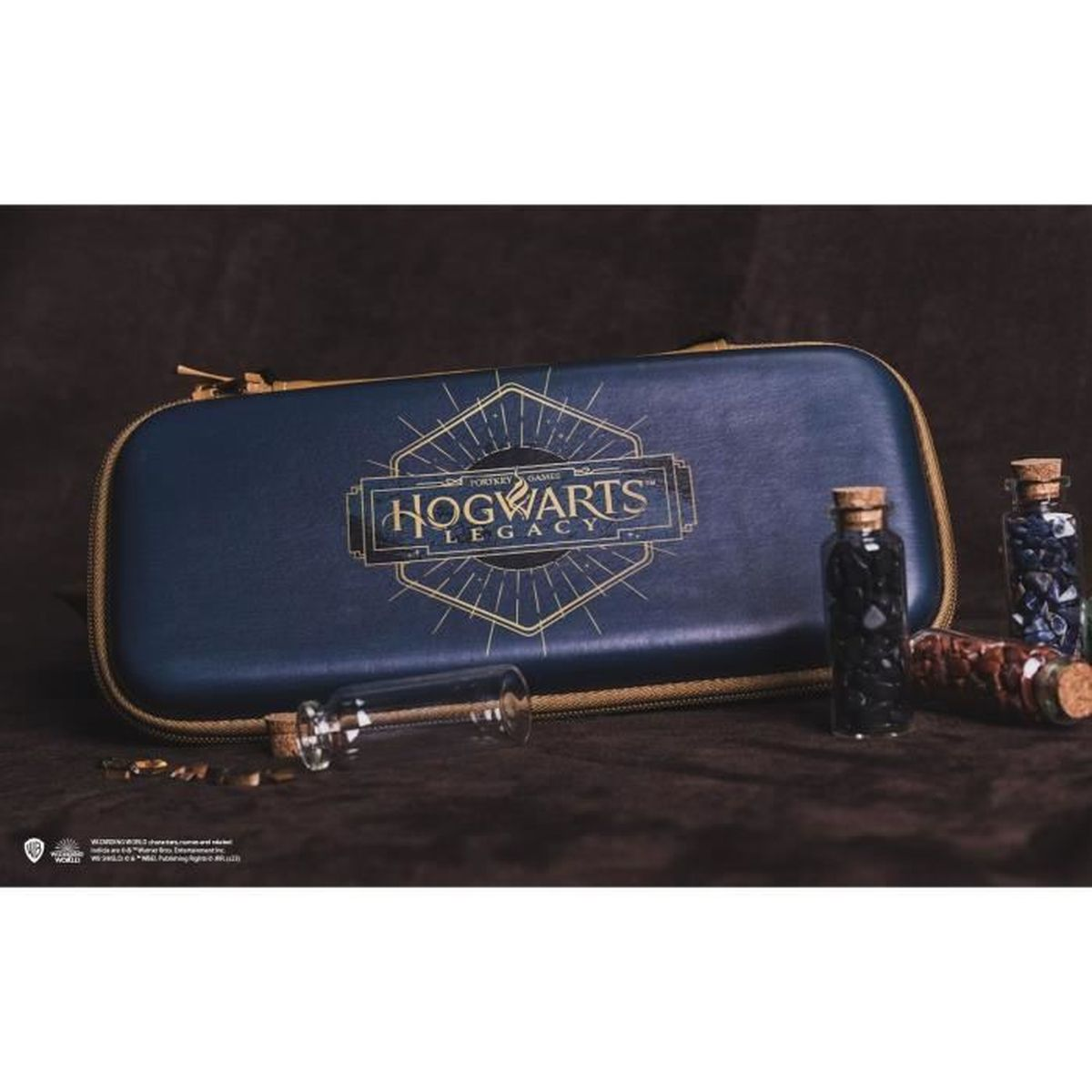 Eine Hogwarts Legacy-Tragetasche, umgeben von Zaubertrankflaschen und dekorativen Goldstücken auf einer braunen Oberfläche.