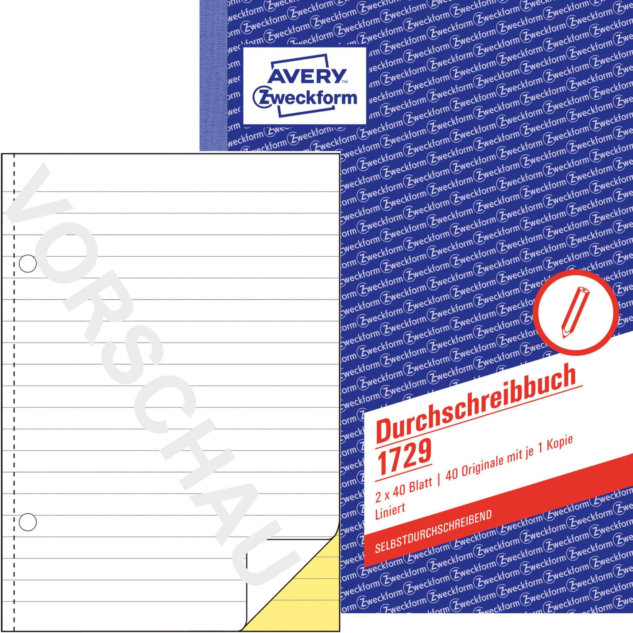 Avery Zweckform Durchschlagpapier mit Vorschau-Wasserzeichen und Schreibanleitung, mit einer roten Stiftgrafik.