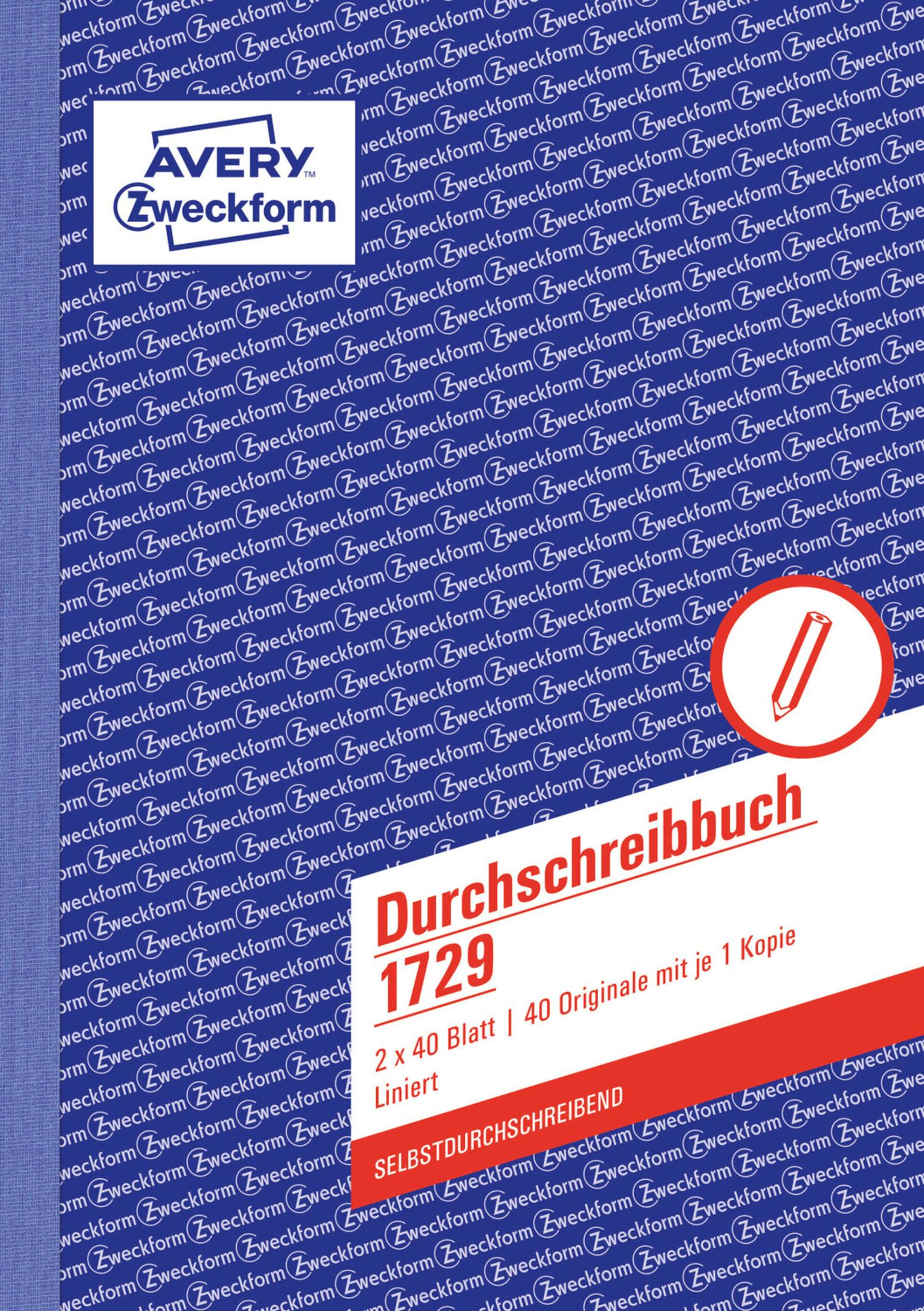 Ein blaues Notizbuch mit dem Aufdruck Avery Zweckform. Rechts befindet sich ein rotes Stiftsymbol.