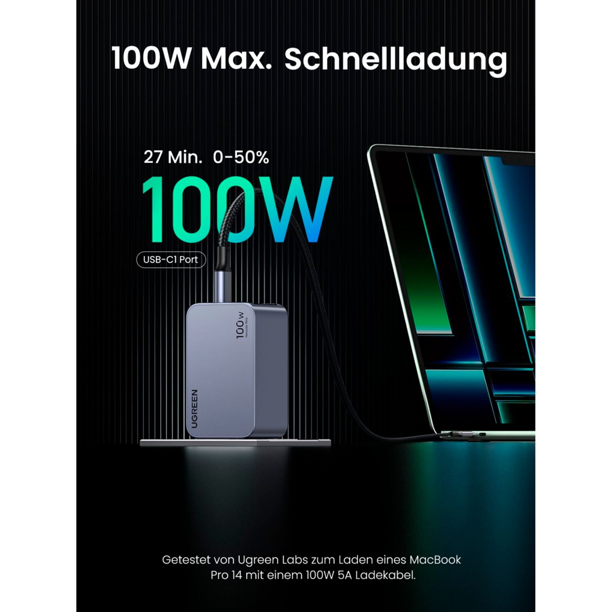 Ładowarka UGREEN 100W Nexode Pro ładuje laptopa przez USB-C. Tekst mówi „100W Max Schnellladung”.