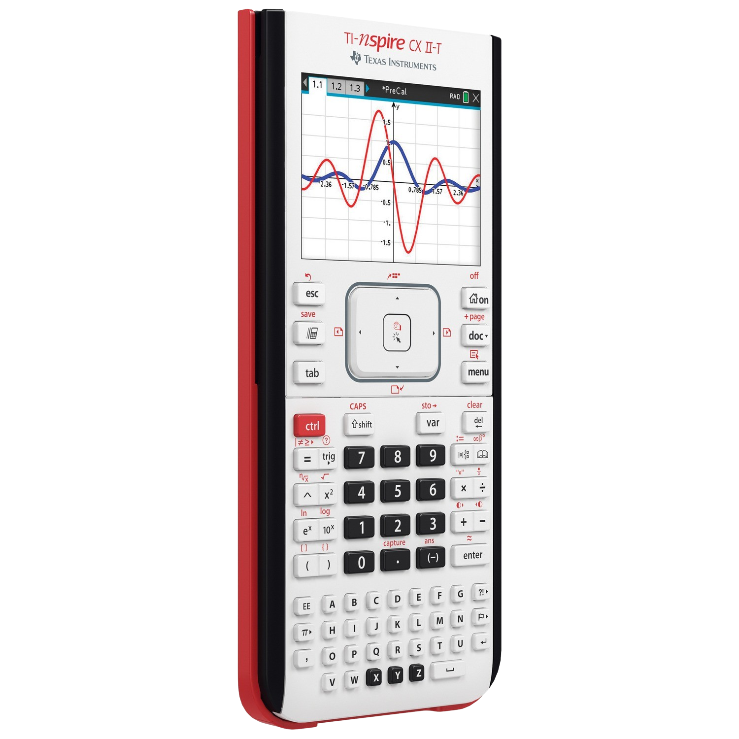 Calculadora TI-Nspire CX II-T con borde rojo que muestra un gráfico. Los botones incluyen números, letras y funciones matemáticas.