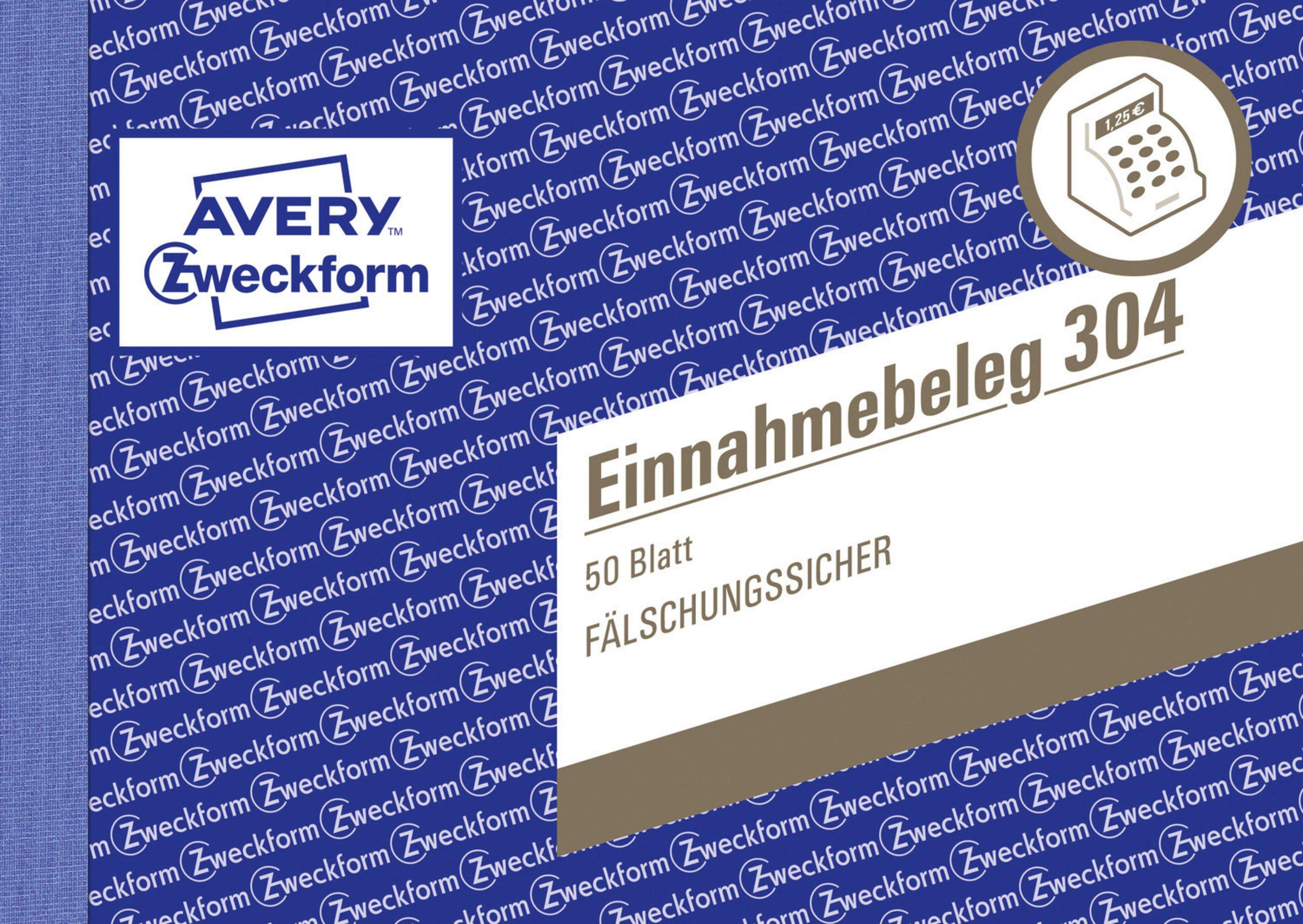 Eine Nahaufnahme eines Avery Zweckform Quittungsblocks vor einem blau gemusterten Hintergrund.