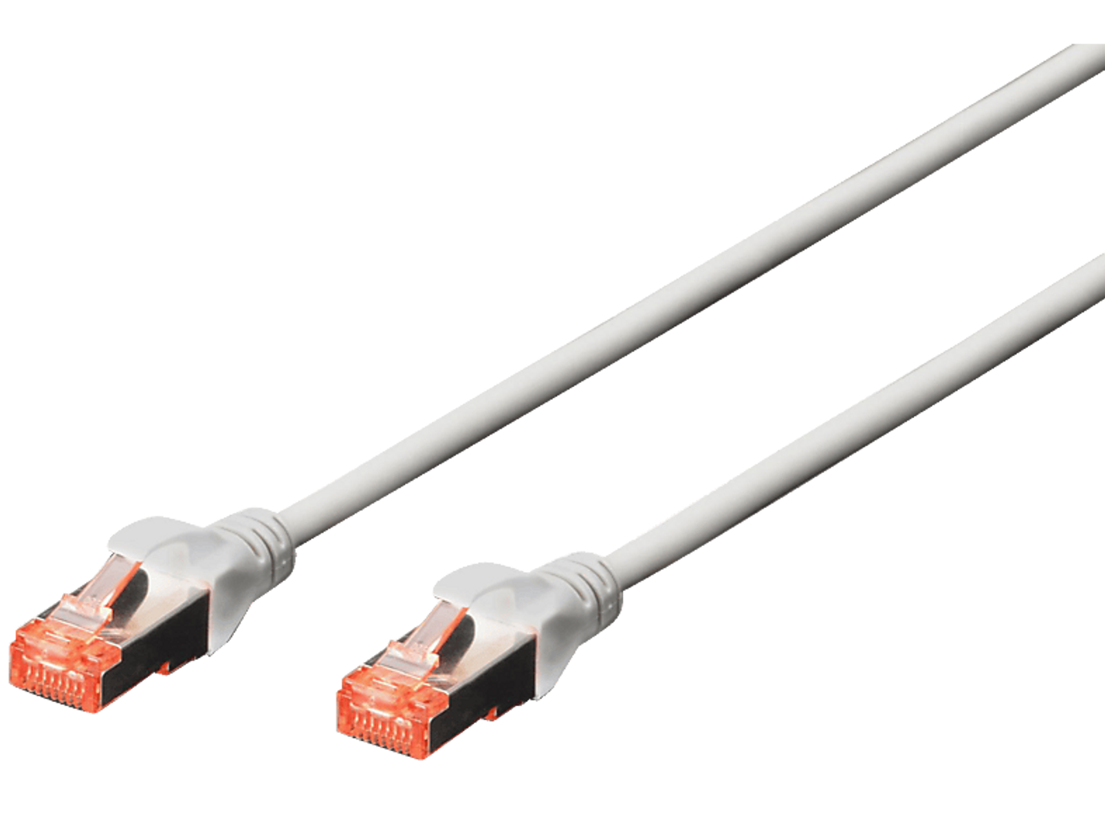 Ein weißes Ethernet-Kabel mit orangefarbenen Anschlüssen vor einem schwarzen Hintergrund, schräge Ansicht.