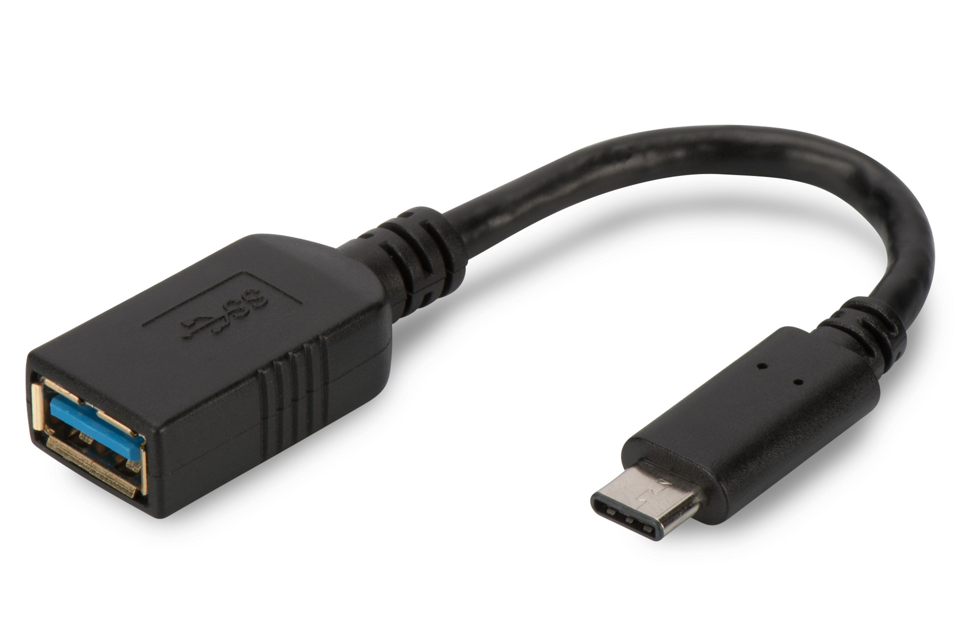 Schwarzes USB-A-zu-USB-C-Adapterkabel auf weißem Hintergrund. Die Anschlüsse zeigen in entgegengesetzte Richtungen.