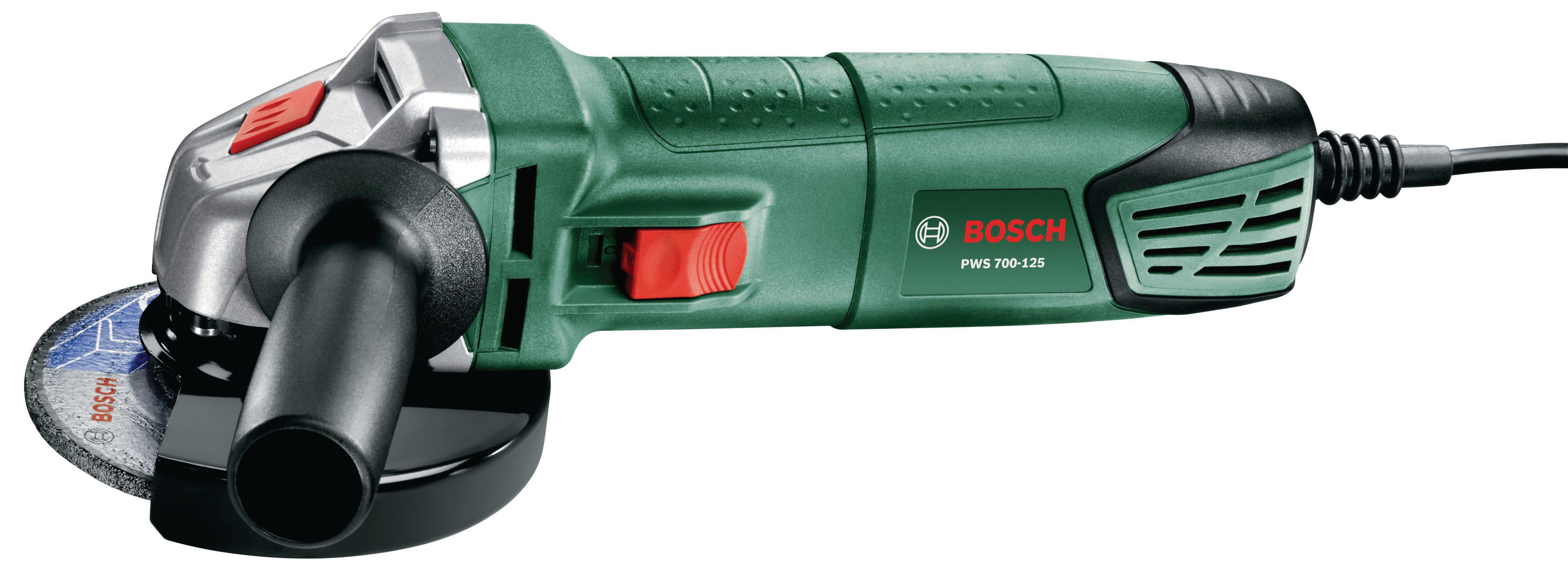 Smerigliatrice angolare Bosch verde e argento con manico nero su bianco.