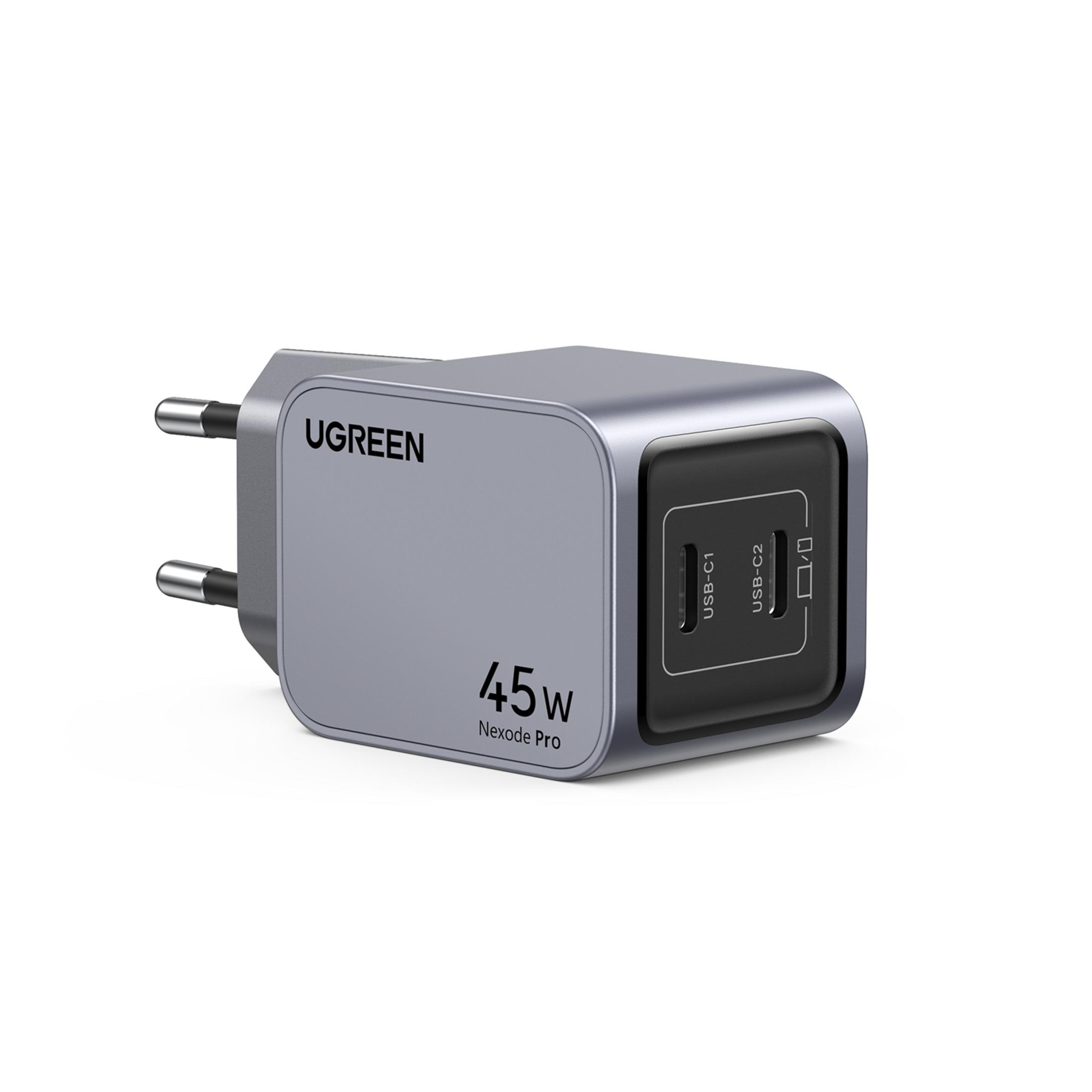 Szara ładowarka UGREEN 45W Nexode Pro z portami USB-C, lekko ustawiona pod kątem na białym tle.