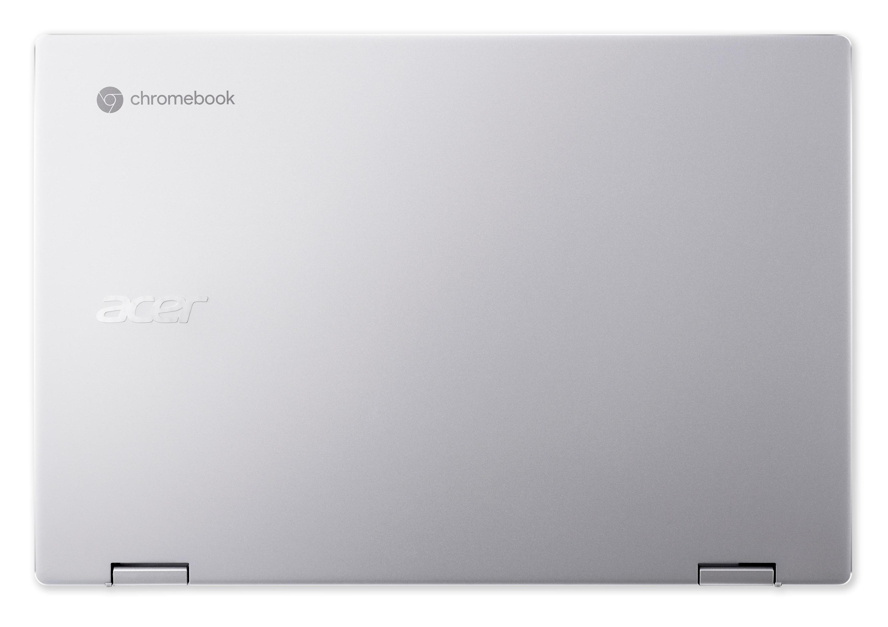 Die Oberseite eines silbernen Acer Chromebook mit den Logos von Chromebook und Acer.