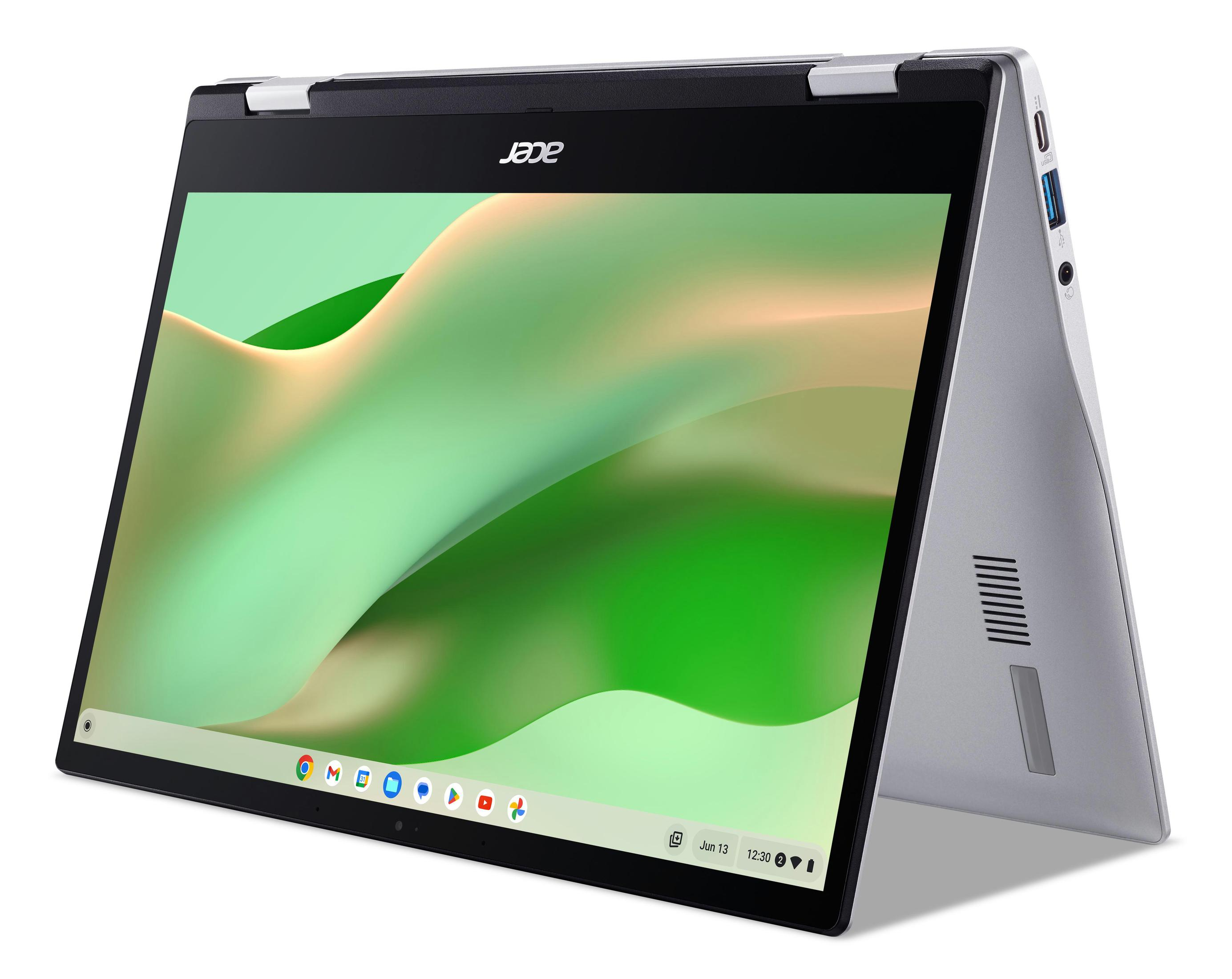 Ein Acer Chromebook im Tablet-Modus, der einen grün-weißen Hintergrund anzeigt.