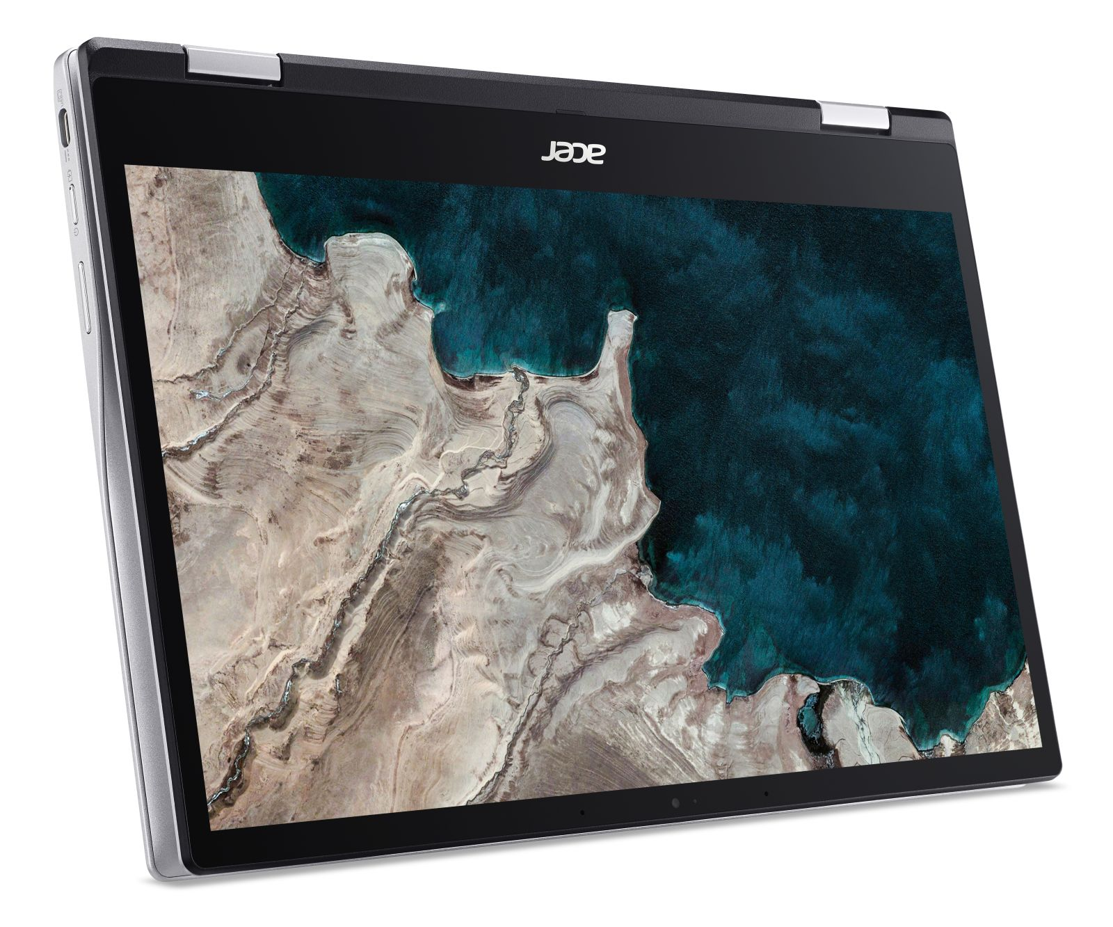Ein Acer Chromebook mit blauem Ozean-Hintergrundbild auf dem Bildschirm wird gezeigt.