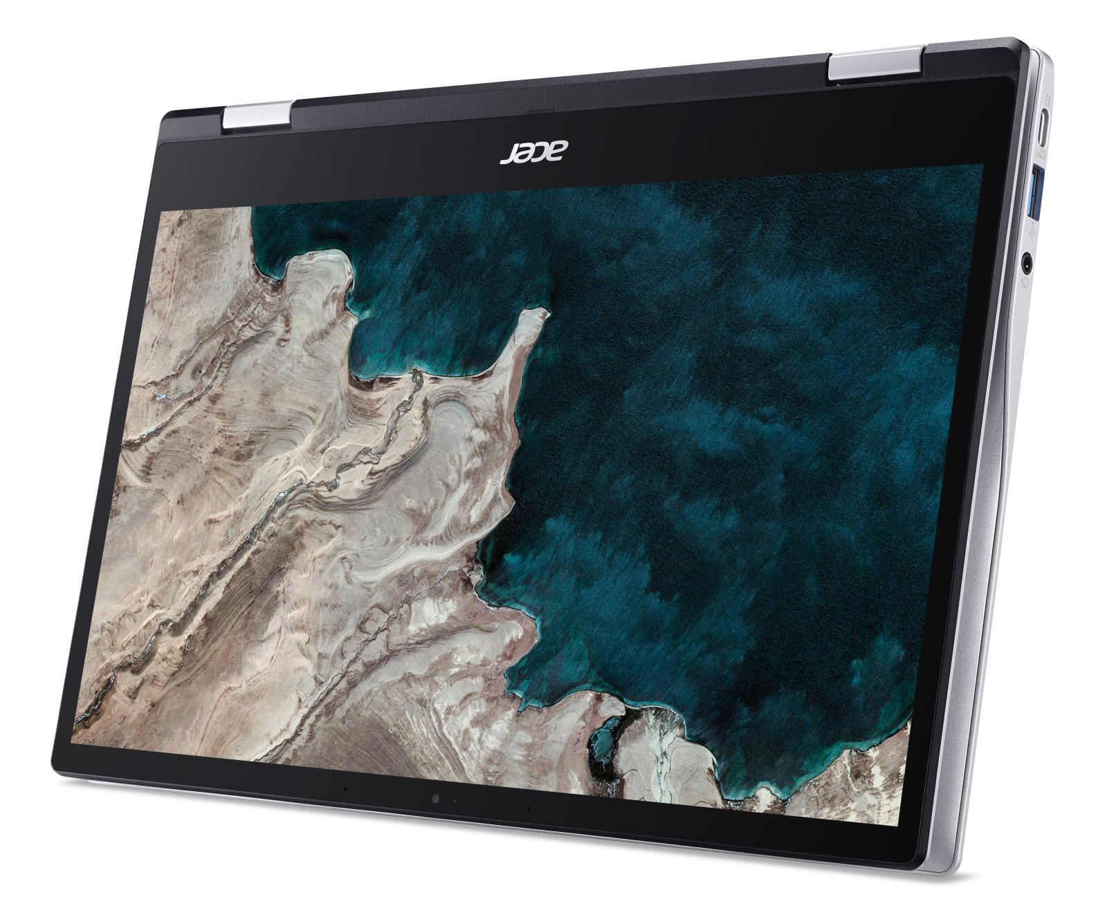Acer Chromebook zeigt im Tablet-Modus blaues Ozean-Hintergrundbild auf dem Bildschirm an.