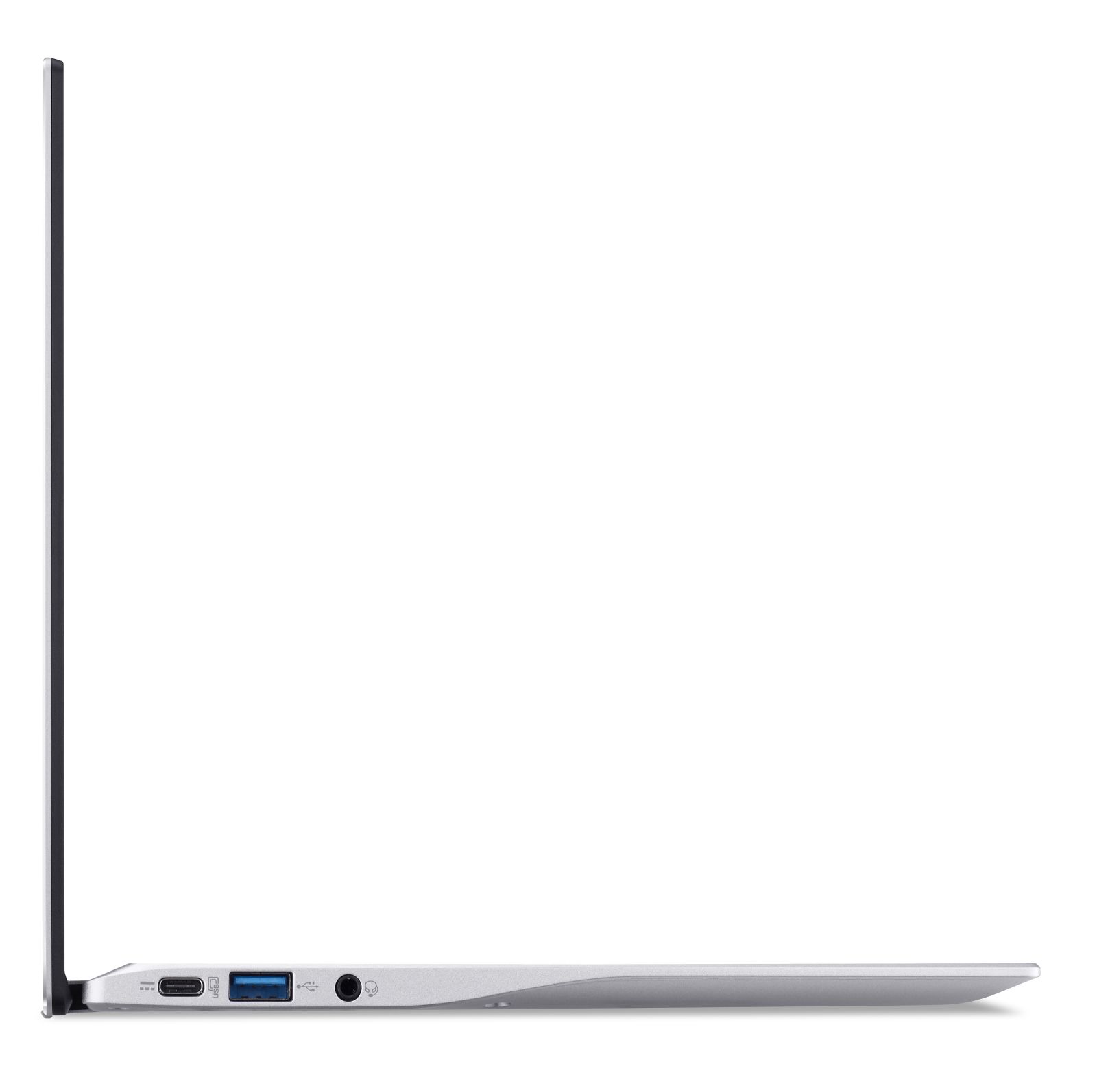Eine Seitenansicht eines silbernen Acer Chromebook, die Anschlüsse und ein schlankes Design zeigt.
