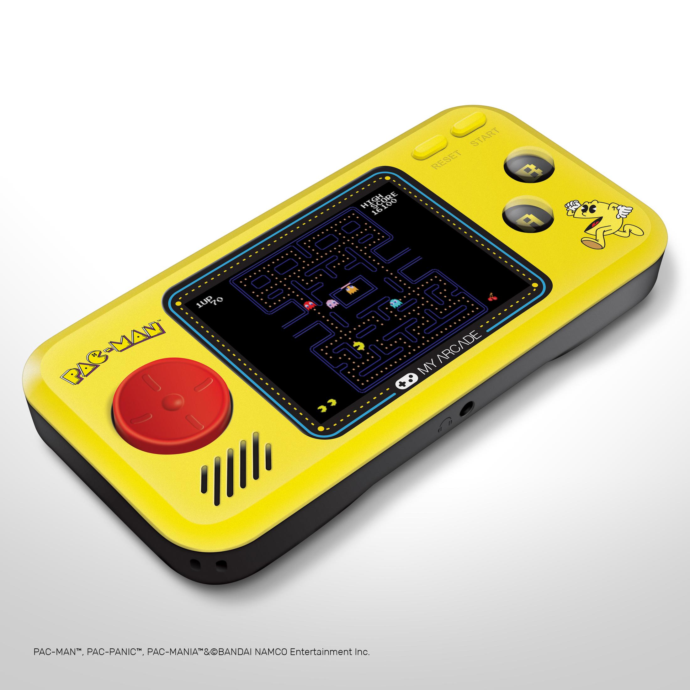 Gelbes Pac-Man-Handheld-Spiel mit einem roten Joystick, einem schwarzen Bildschirm, der das Labyrinth zeigt, und Pac-Man-Charaktergrafiken an der Seite.
