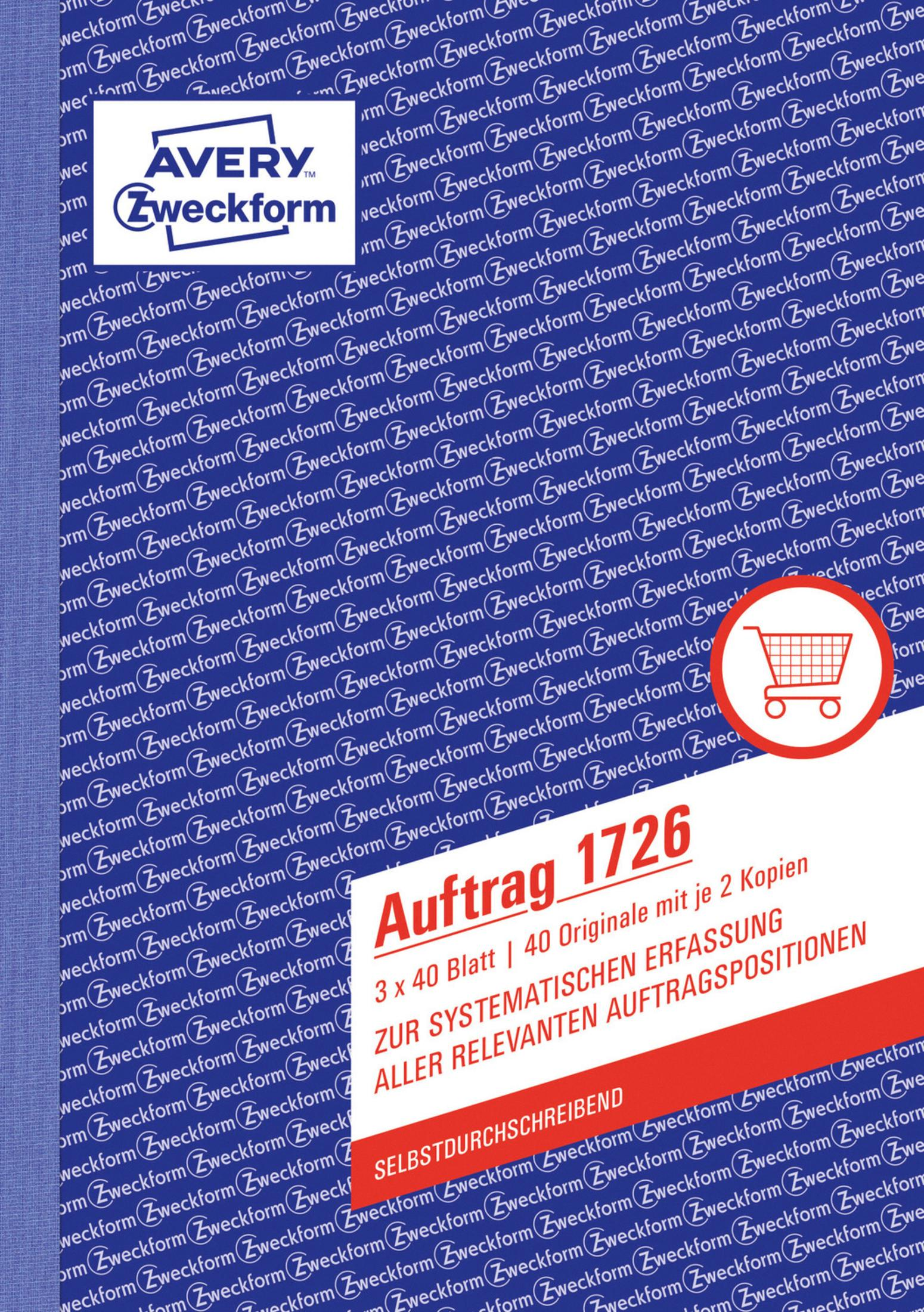 Das Bild zeigt ein blaues Bestellformular mit roten Akzenten und einem Warenkorb-Symbol.