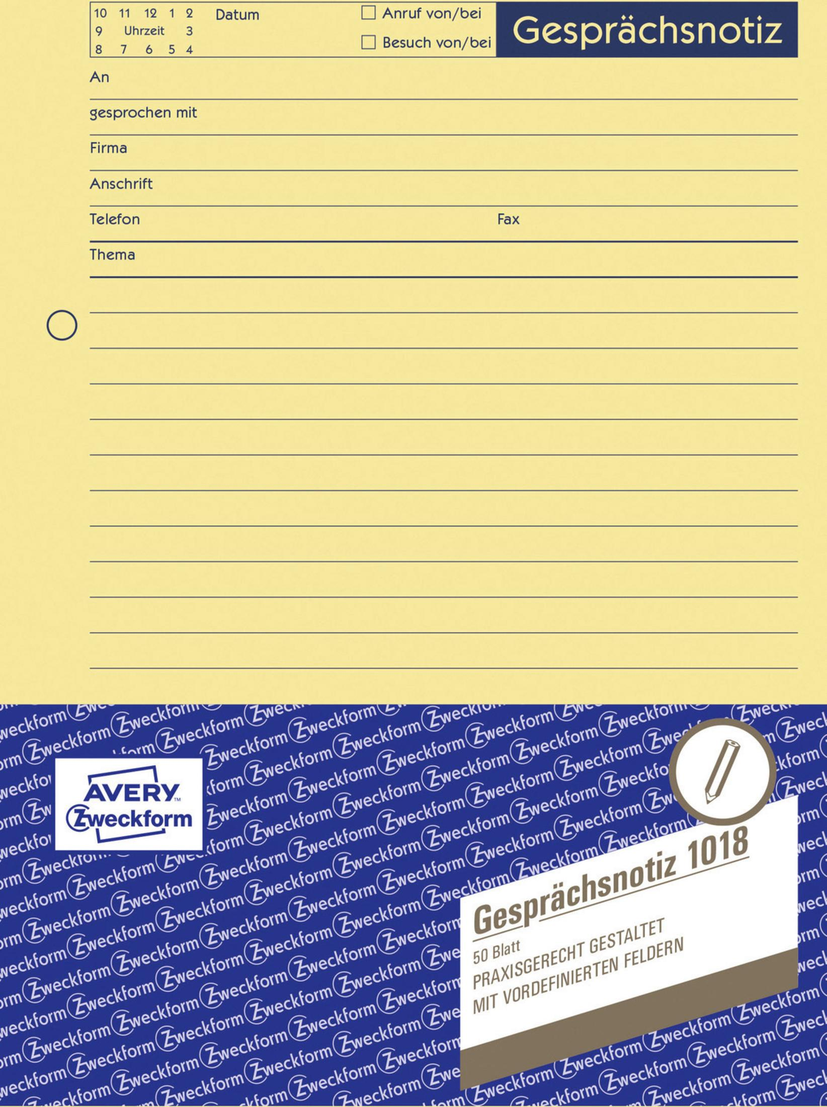 Ein Gespraechnotiz-Formular mit Ausfüllfeldern und Avery-Logo, das für Notizen entwickelt wurde.