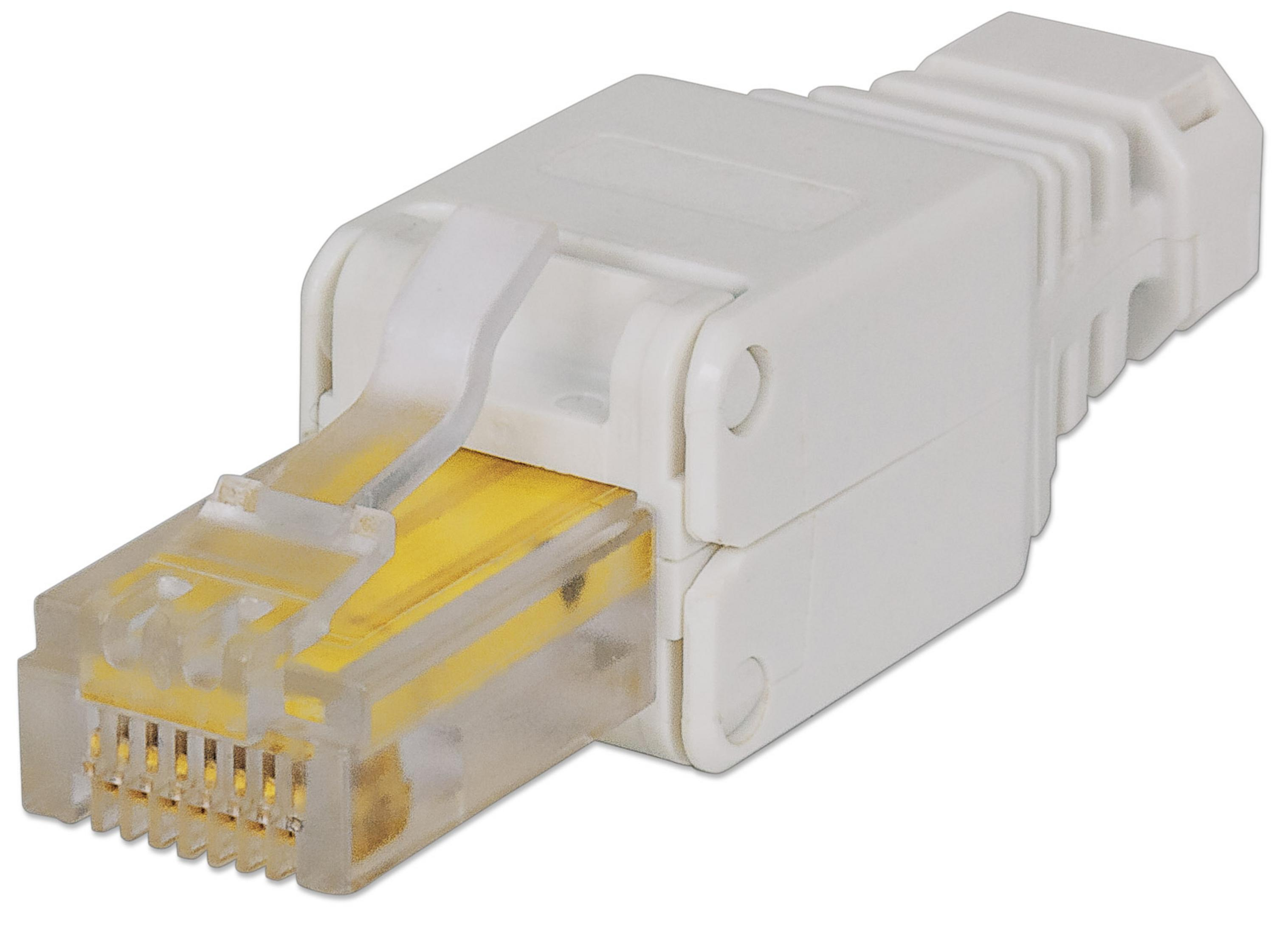Ein weißer RJ45-Stecker mit goldenen Stiften für Netzwerkkabel auf einem weißen Hintergrund.