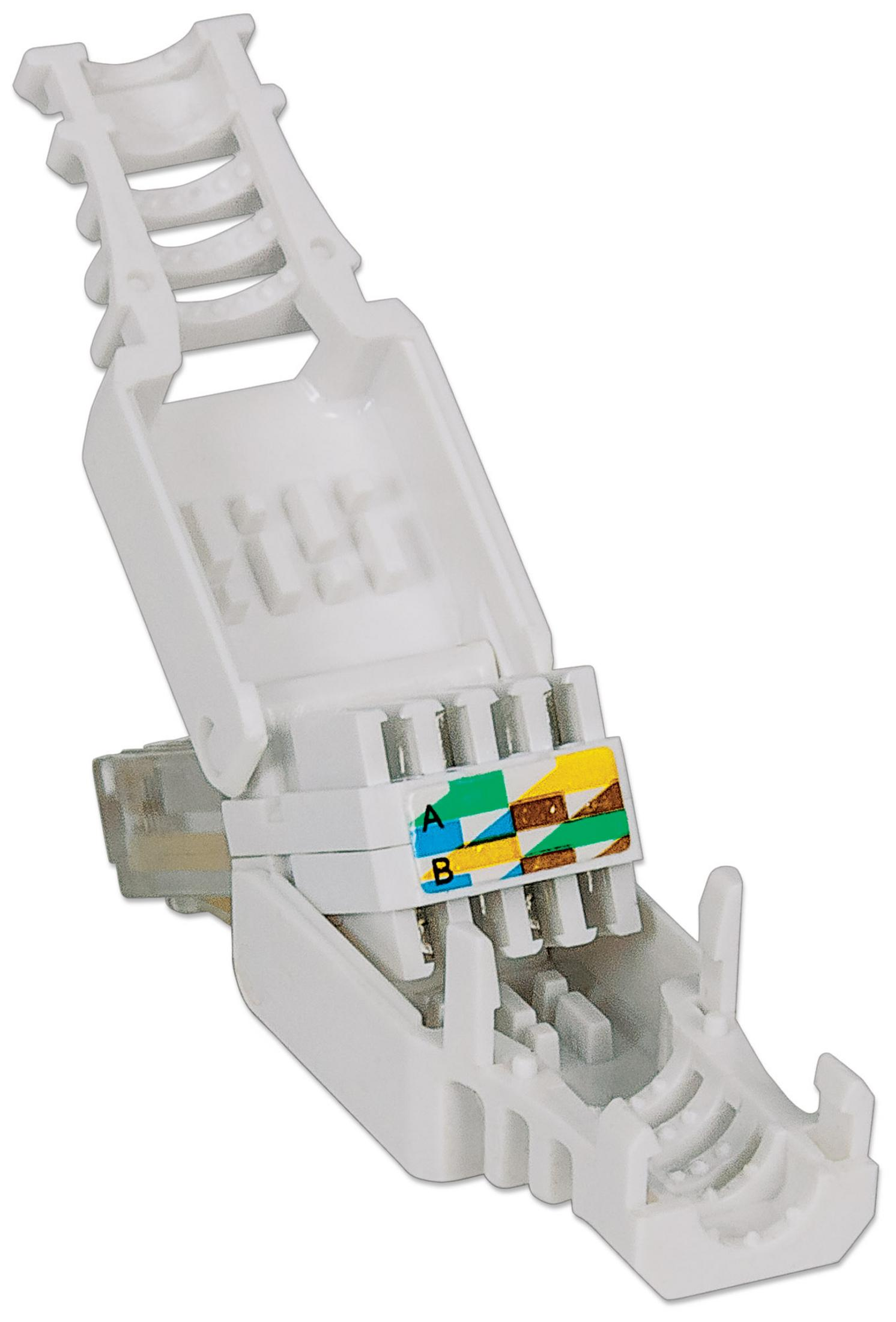 Ein offener, weißer RJ45-Stecker mit farbcodierter Verkabelung für Netzwerkkabel.