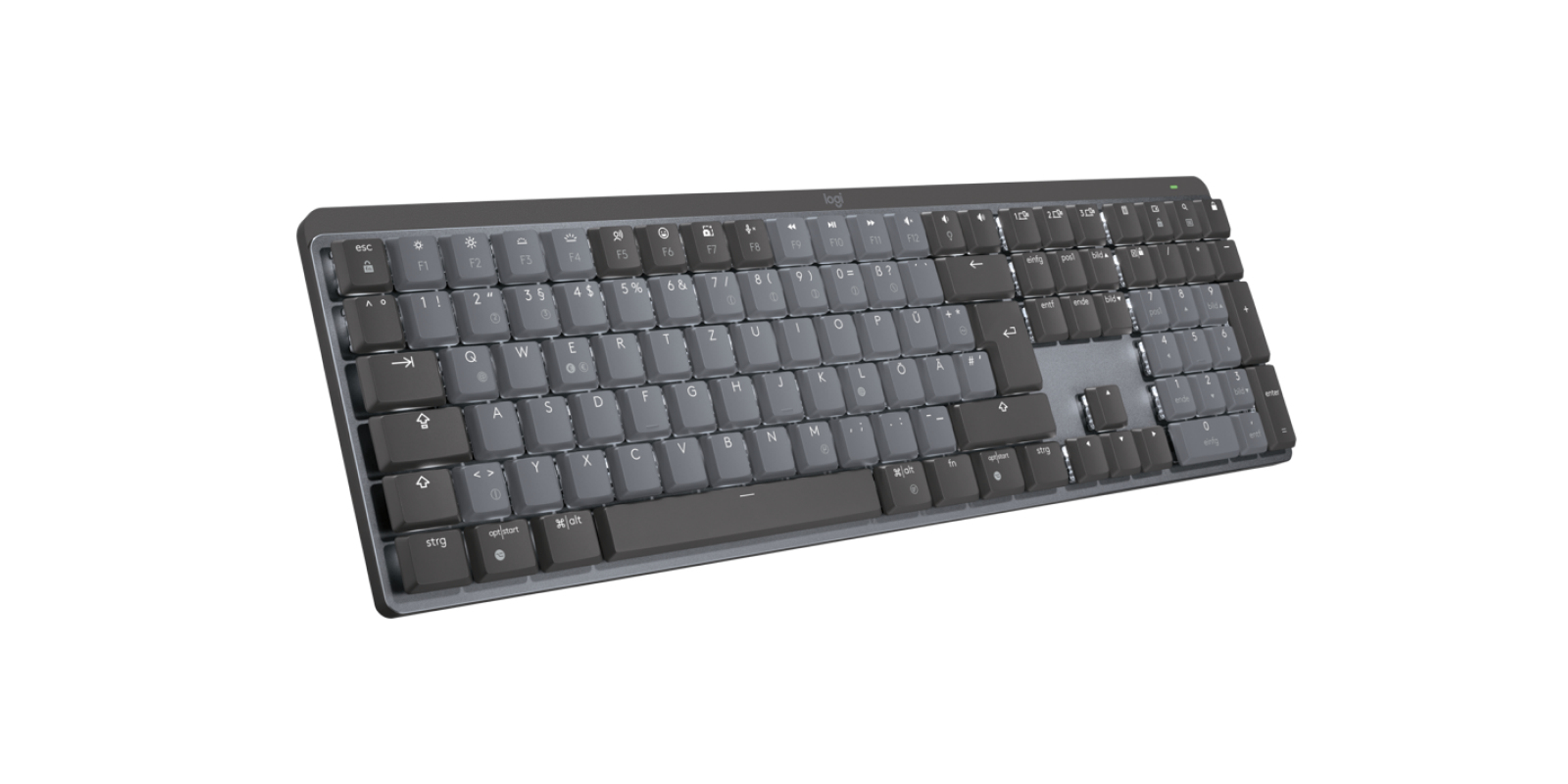 Clavier gris Logitech MX Keys Mini sur fond blanc, vue de biais.