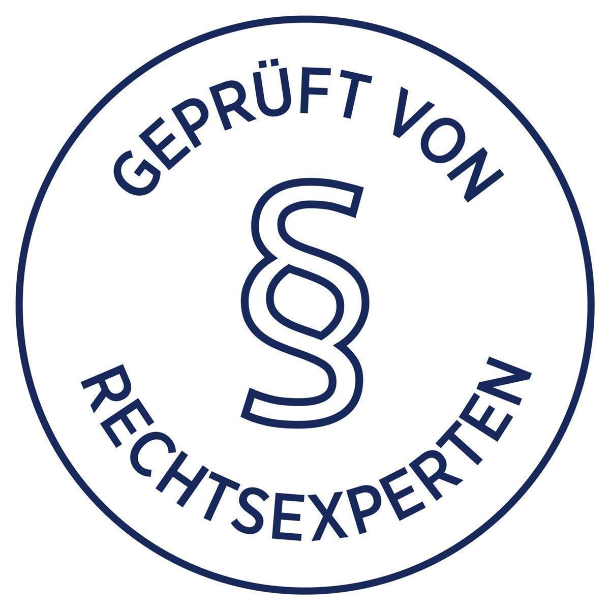 Ein blauer Kreis mit dem Text „GEPRÜFT VON RECHTSEXPERTEN“ und einem stilisierten Paragraphensymbol.