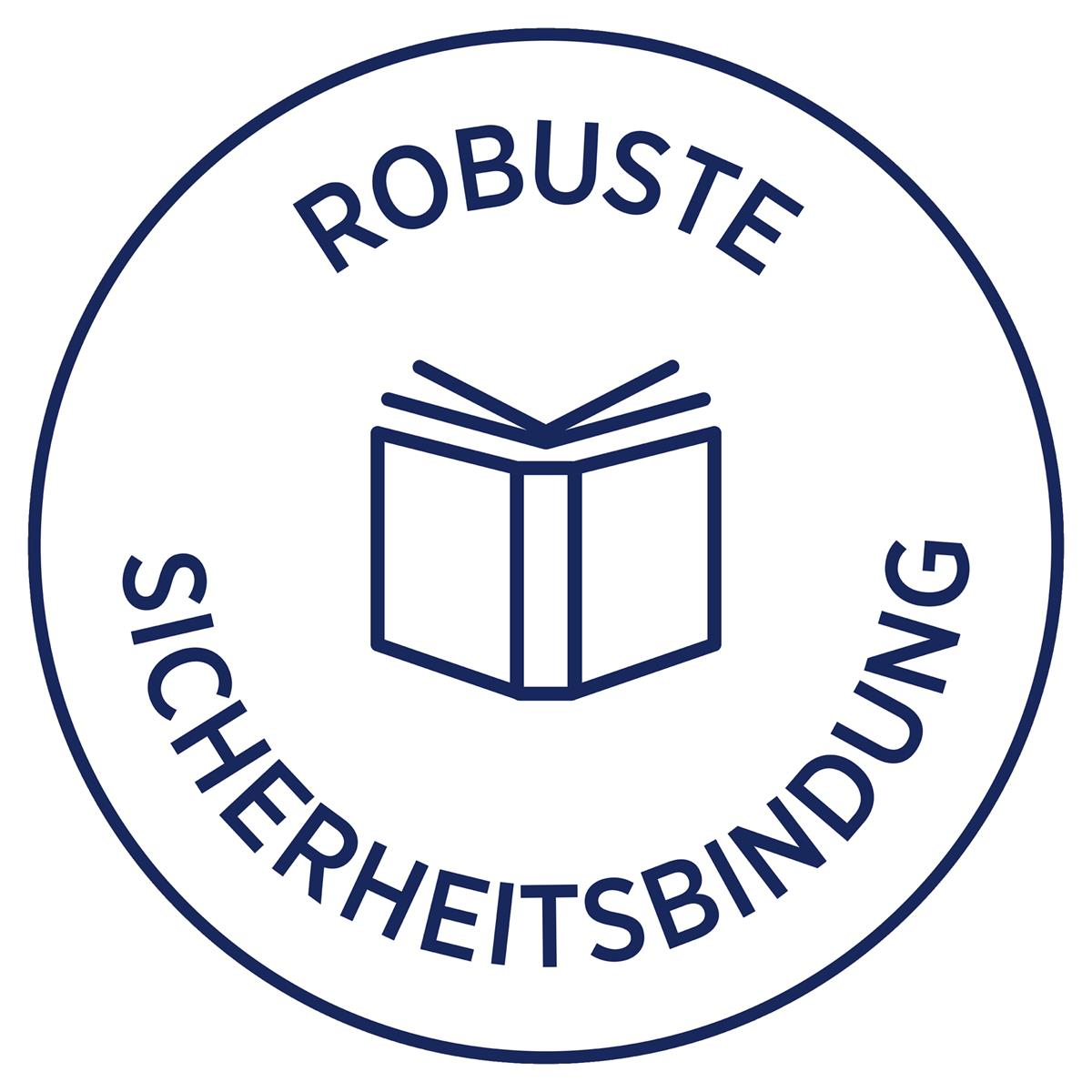 Ein blauer Kreis mit dem Text „ROBUSTE SICHERHEITSBINDUNG“ und einem offenen Buchsymbol.