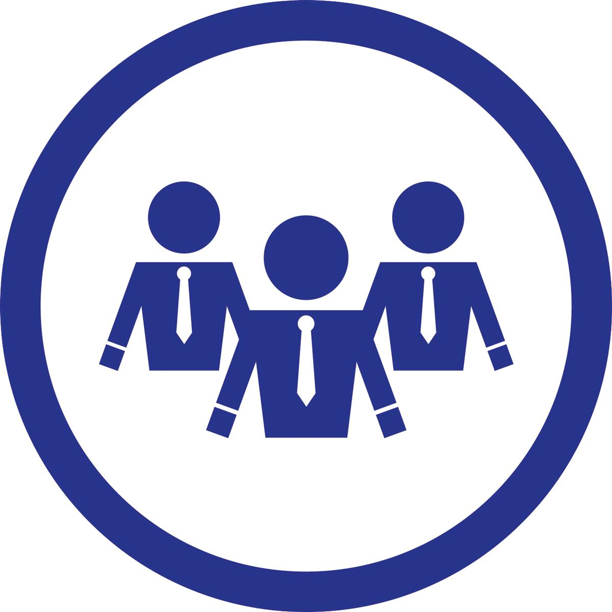 Blauer Kreis mit drei Figuren in Anzügen und Krawatten, die ein Geschäftsteam oder Personal symbolisieren.