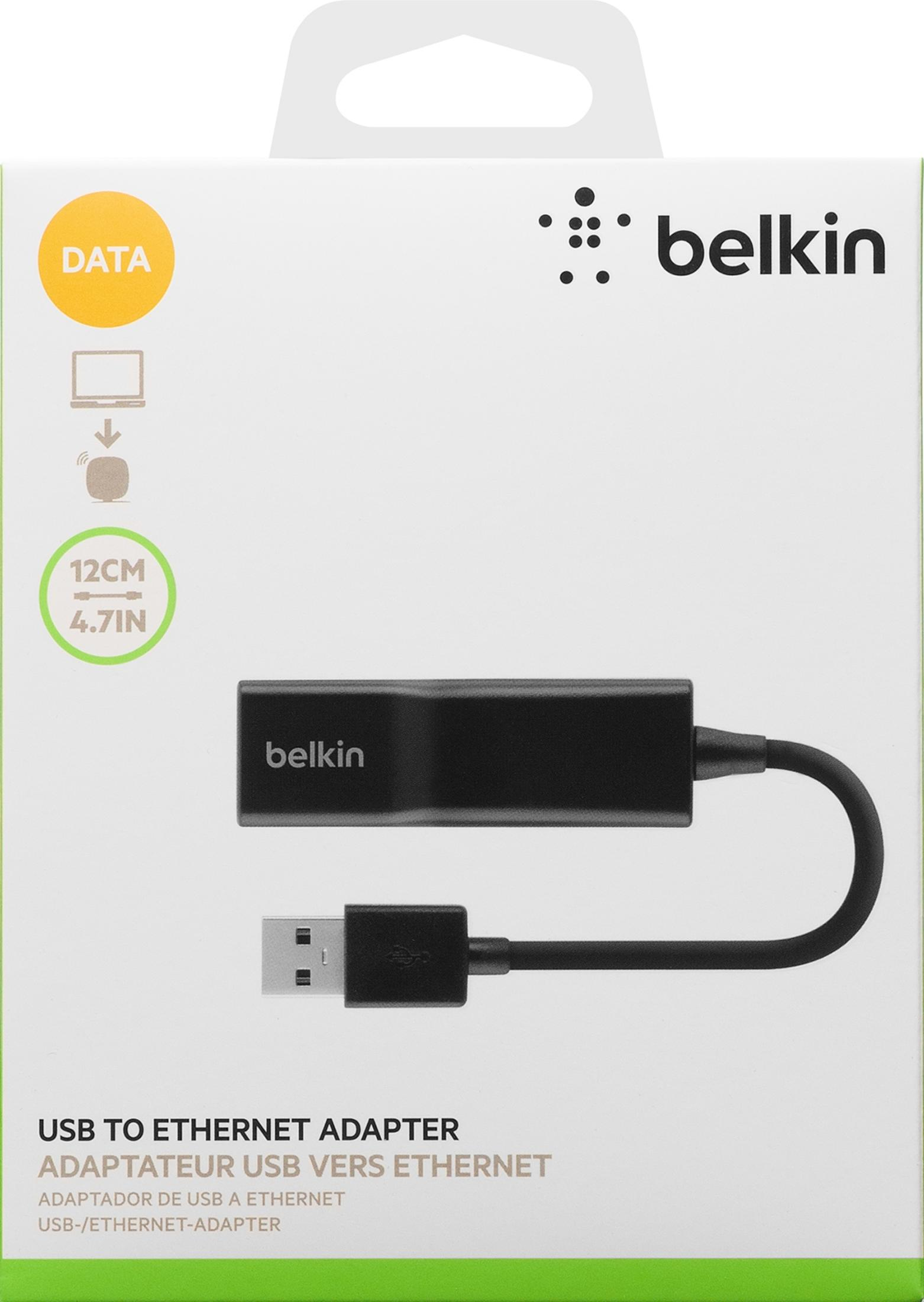 Belkin USB-zu-Ethernet-Adapter in Verpackung mit Produktbildern und Markenlogos.