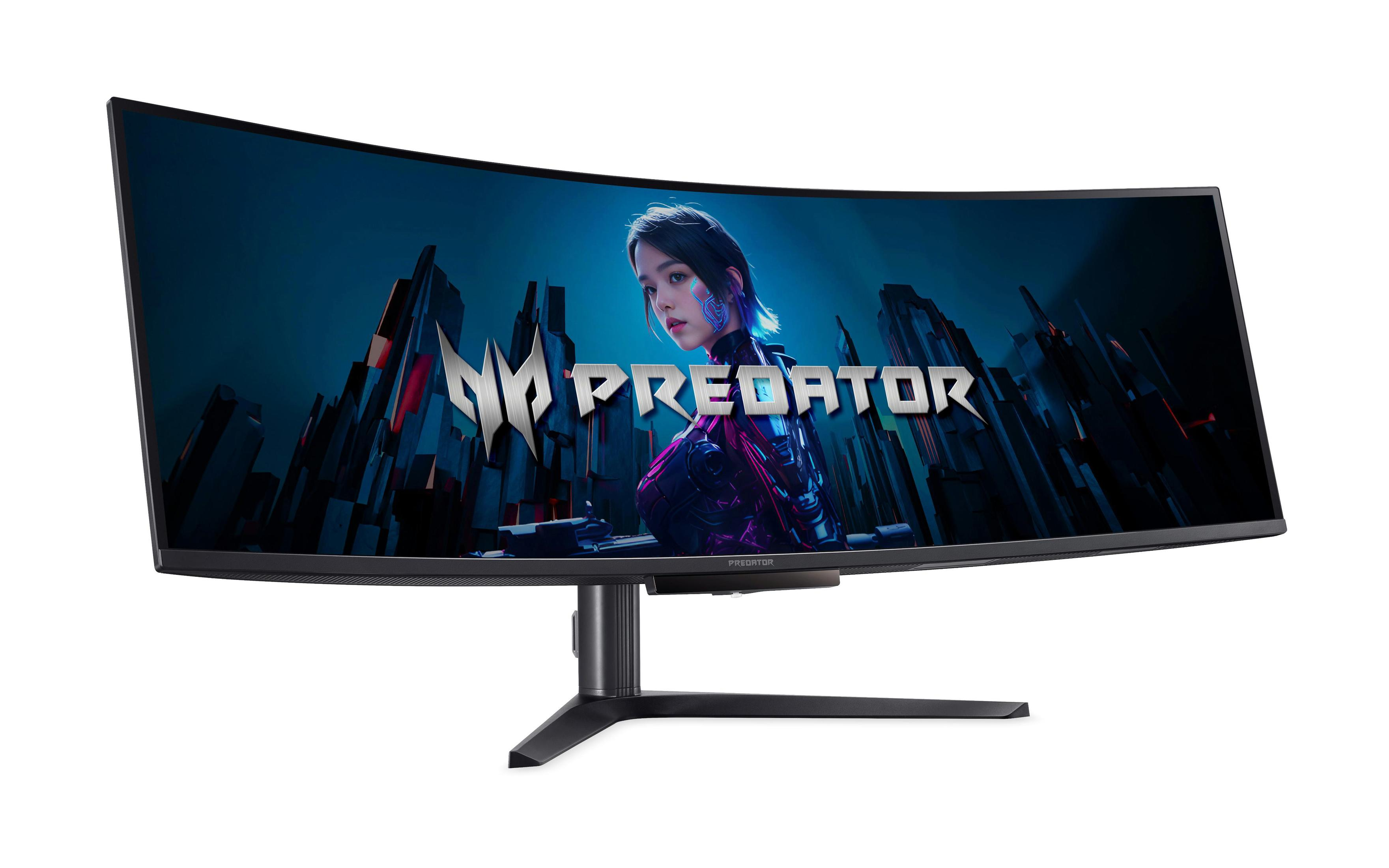 Ein gekrümmter, ultrabreiter Monitor zeigt eine Cyberpunk-Szene mit einer Frau und dem Wort „PREDATOR“ in einer futuristischen Stadtlandschaft.