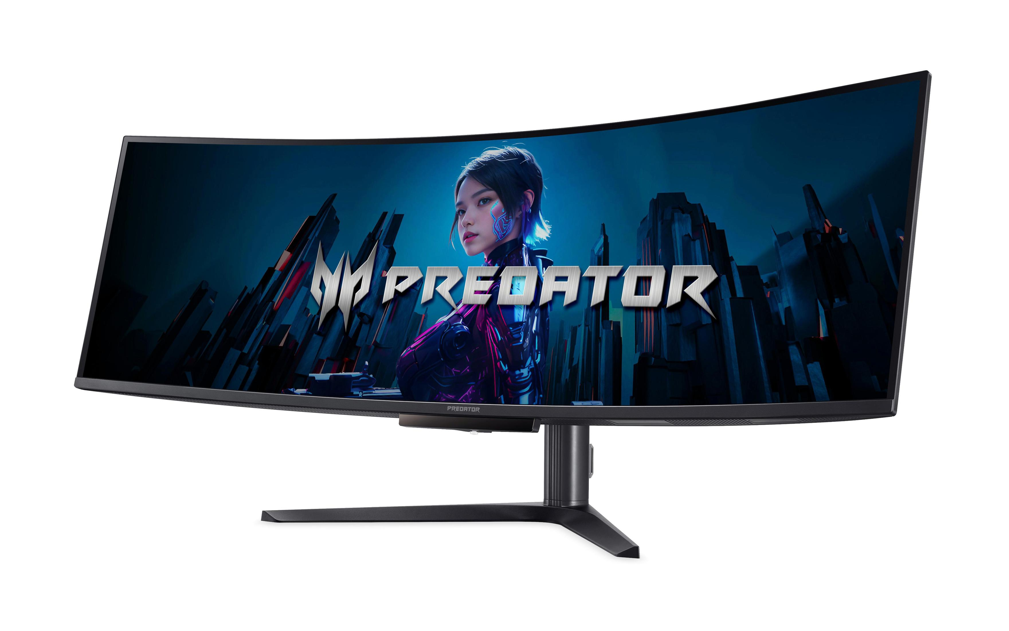 Ein gekrümmter, ultrabreiter Monitor zeigt eine Cyberpunk-Szene mit einer Frau und dem Wort „PREDATOR“ in einer futuristischen Stadtlandschaft.