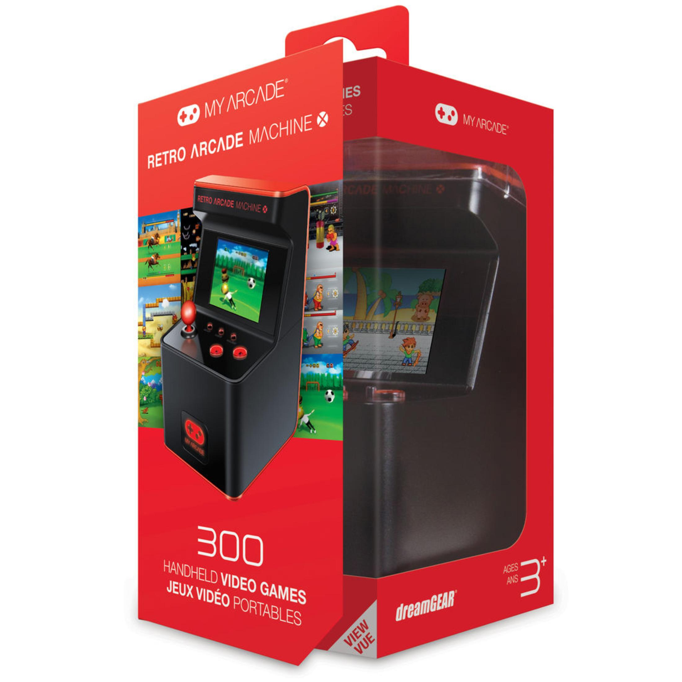 Máquina de arcade retro en una caja roja y blanca.