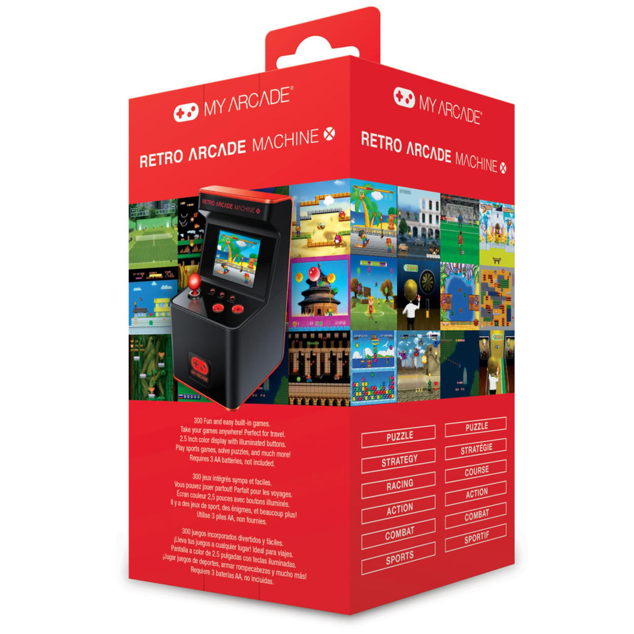 Máquina de arcade retro en una caja de cartón roja con detalles del juego.
