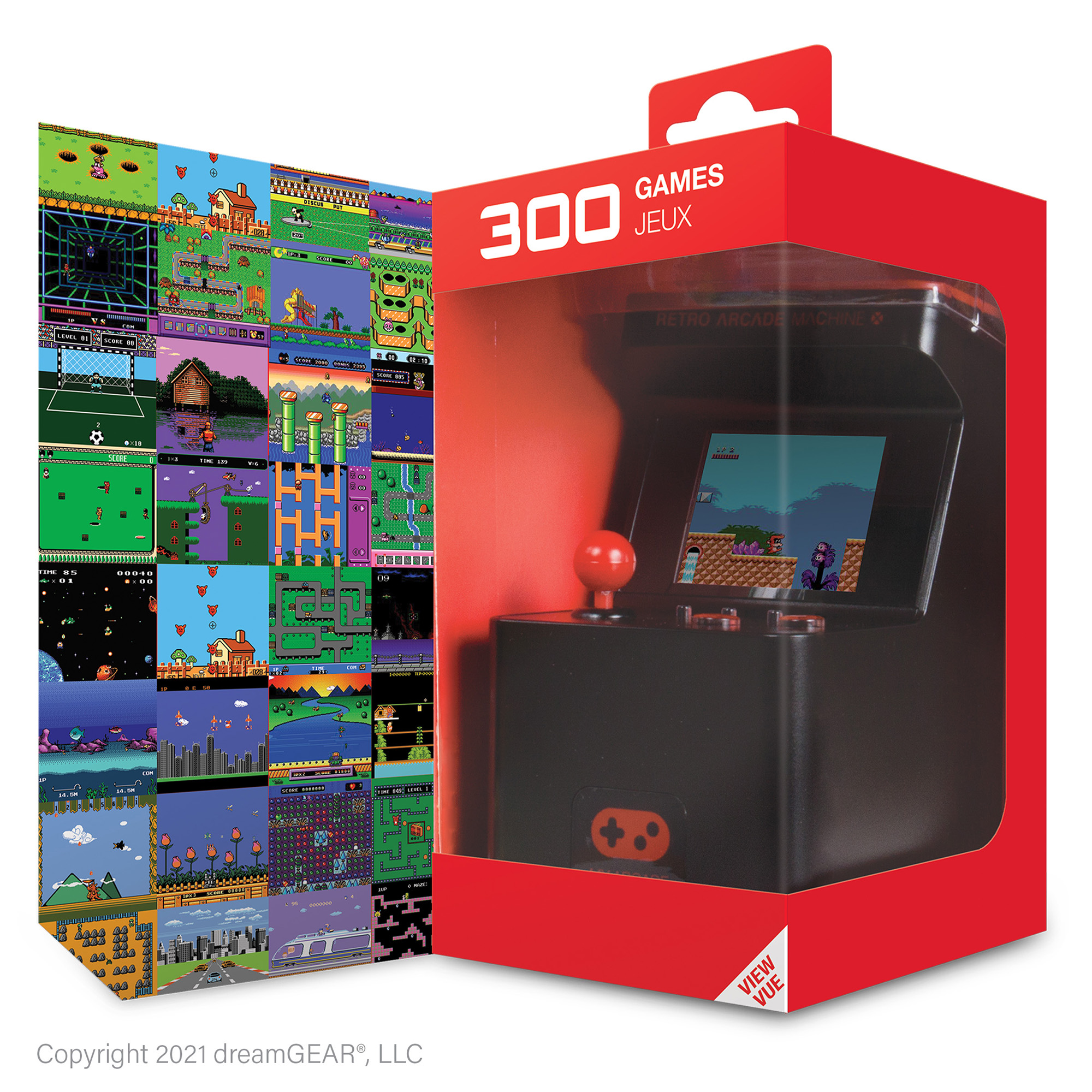 Máquina de arcade retro en una caja roja con vistas previas del juego.