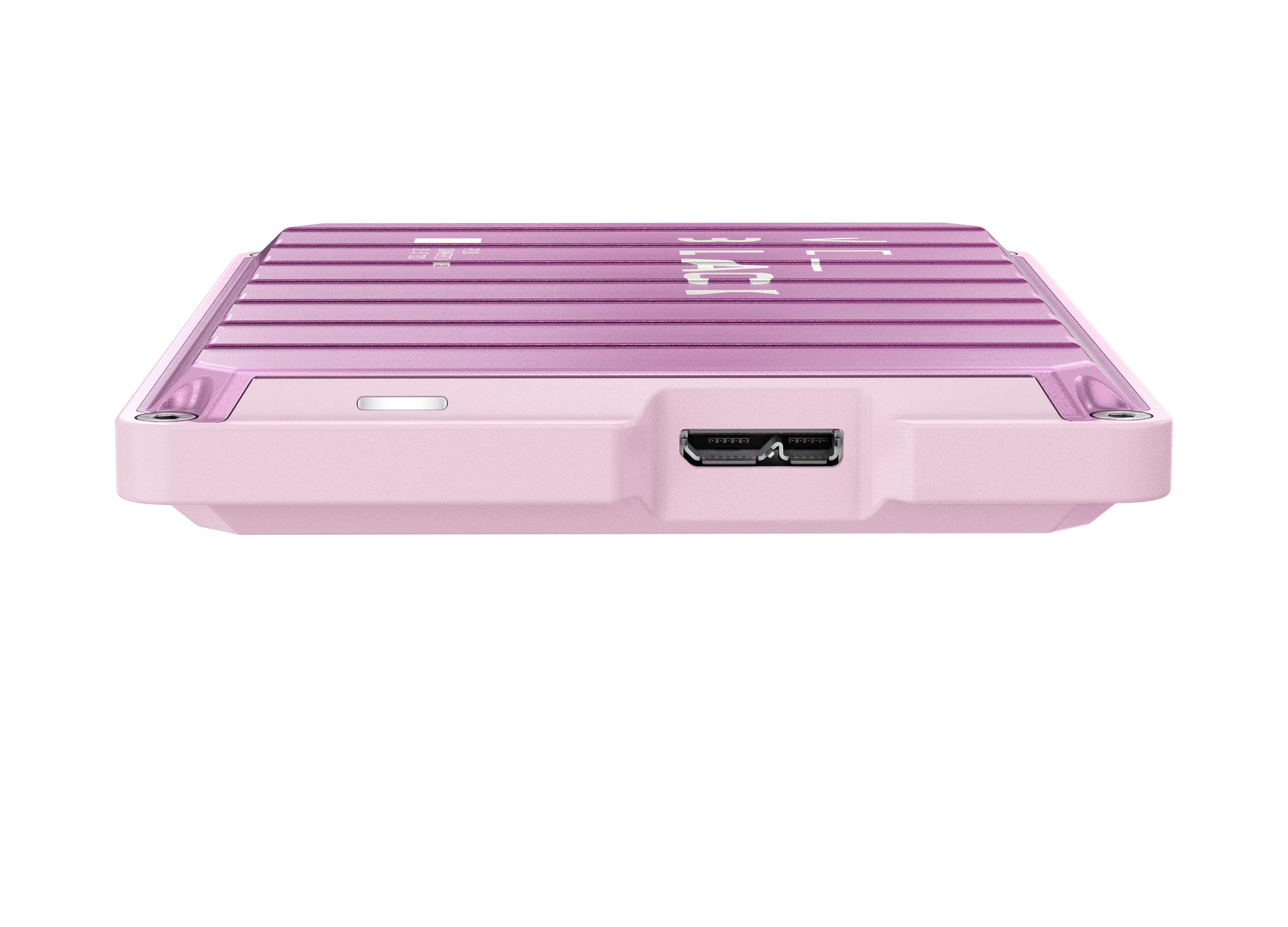 Disco duro portátil rosa con puerto USB-C, sobre blanco.