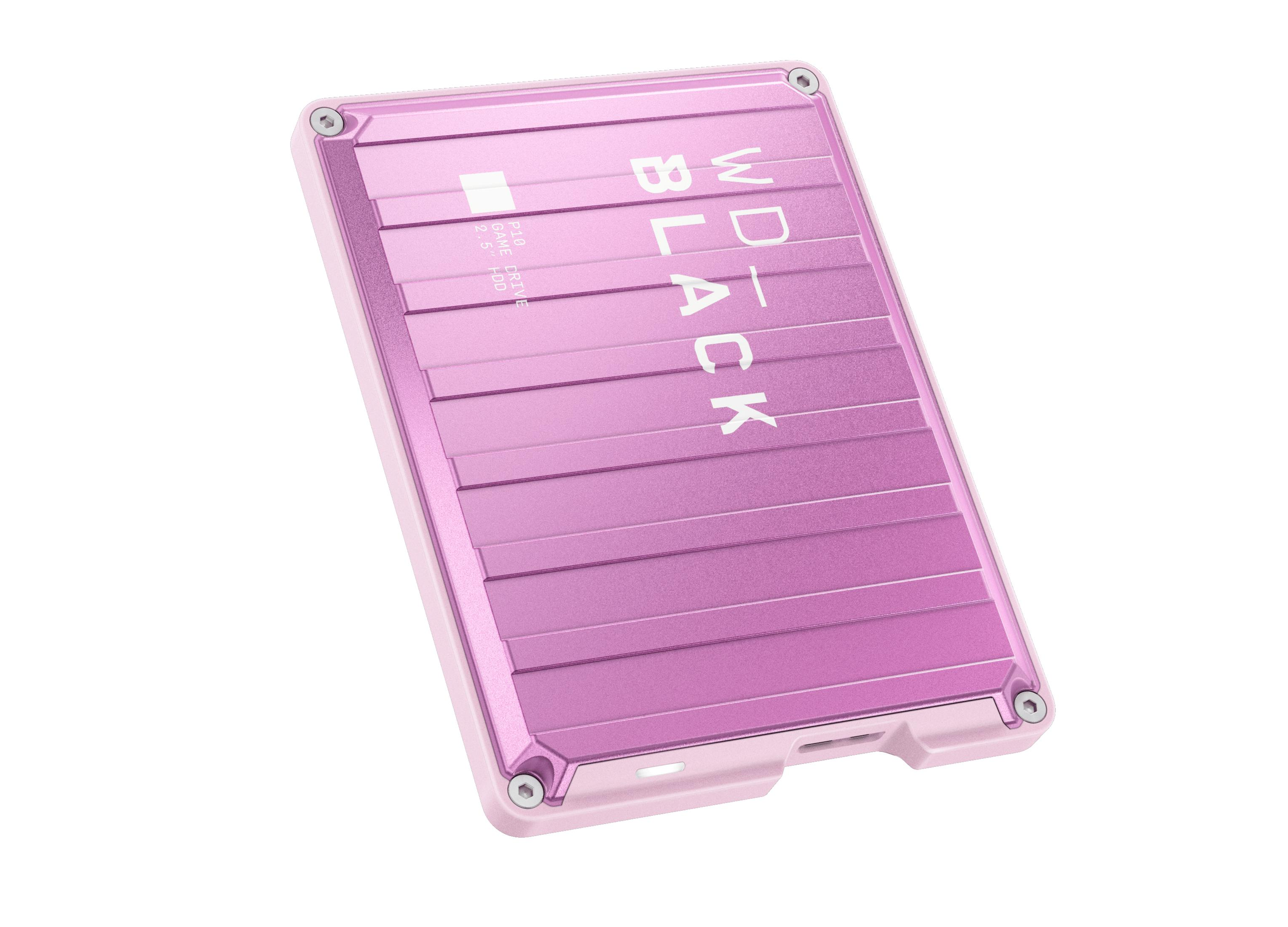 SSD WD Black rosa con líneas horizontales, tornillos en las esquinas y logo WD Black en blanco.