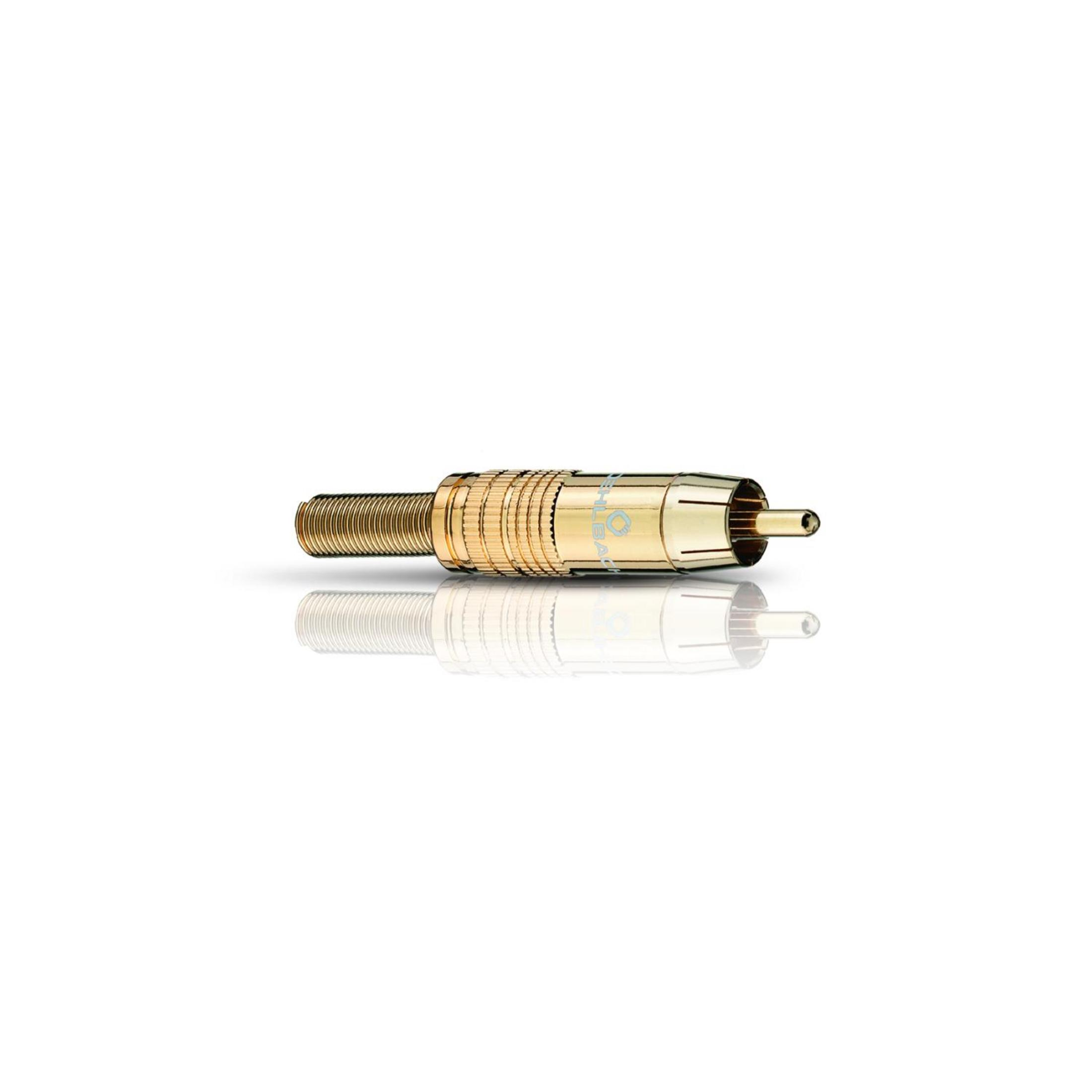 Ein vergoldeter RCA-Stecker wird auf weißem Hintergrund mit einer Spiegelung gezeigt.