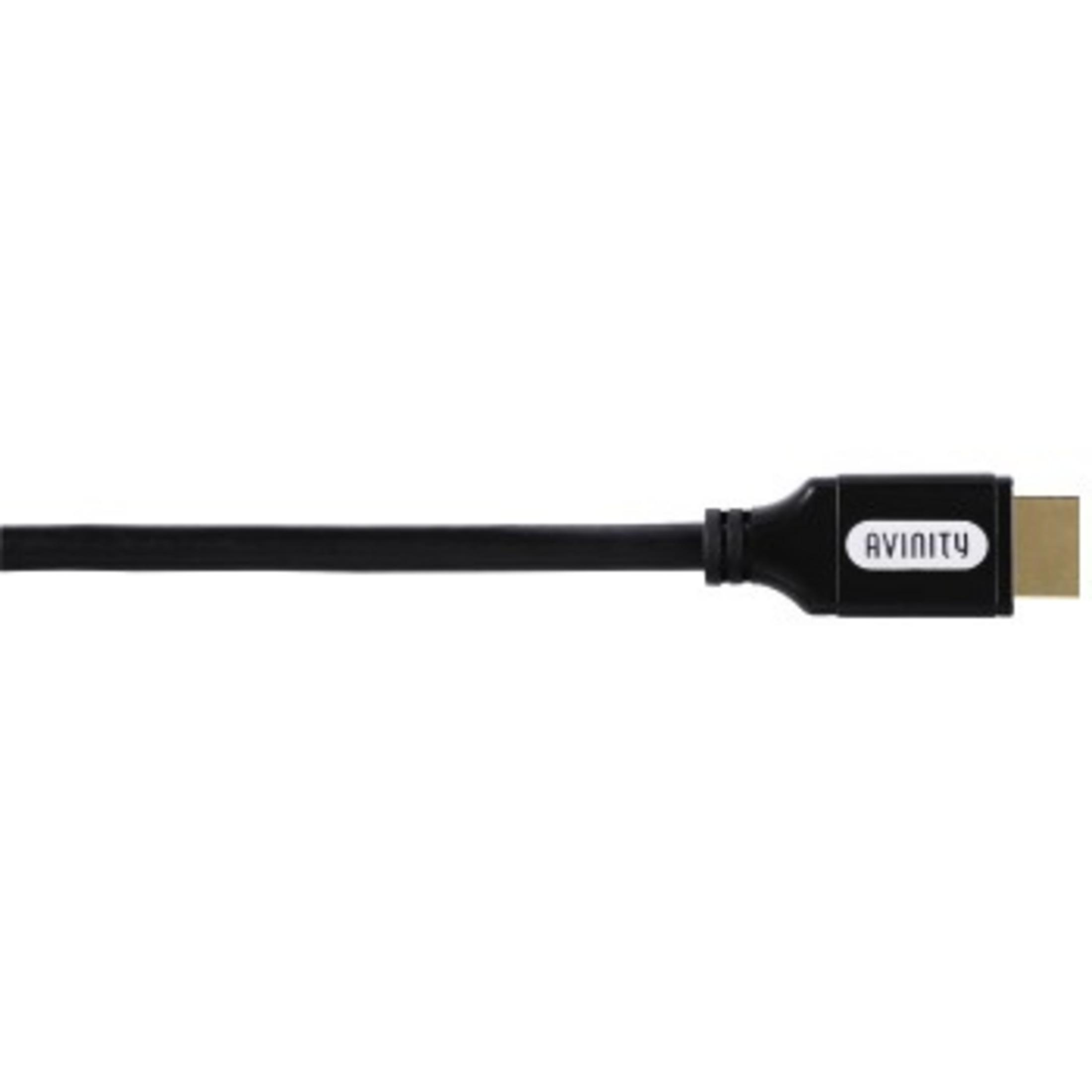 Ein schwarzes Avinity-HDMI-Kabel wird horizontal auf weißem Hintergrund angezeigt.