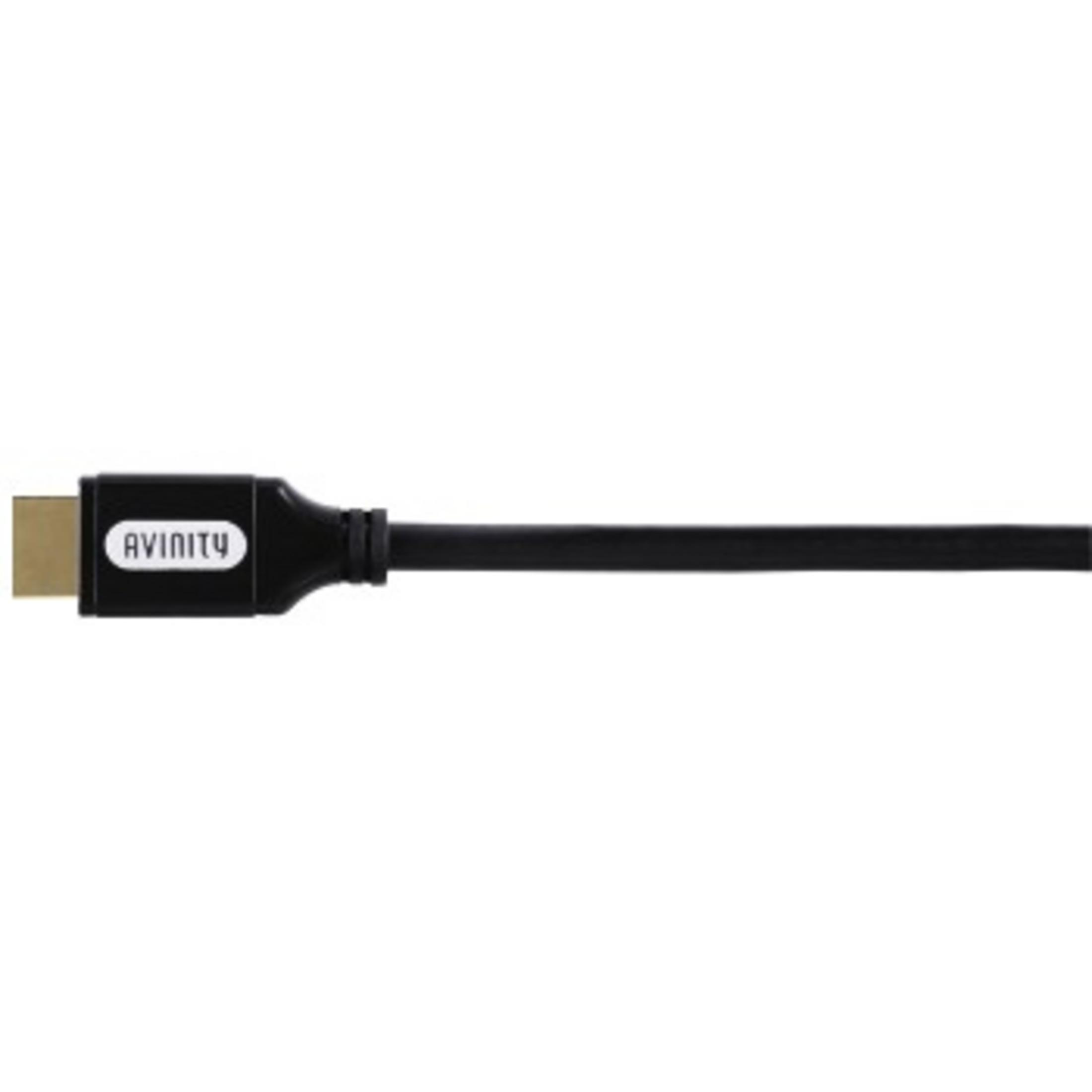 Ein schwarzes Avinity-HDMI-Kabel wird horizontal auf weißem Hintergrund angezeigt.