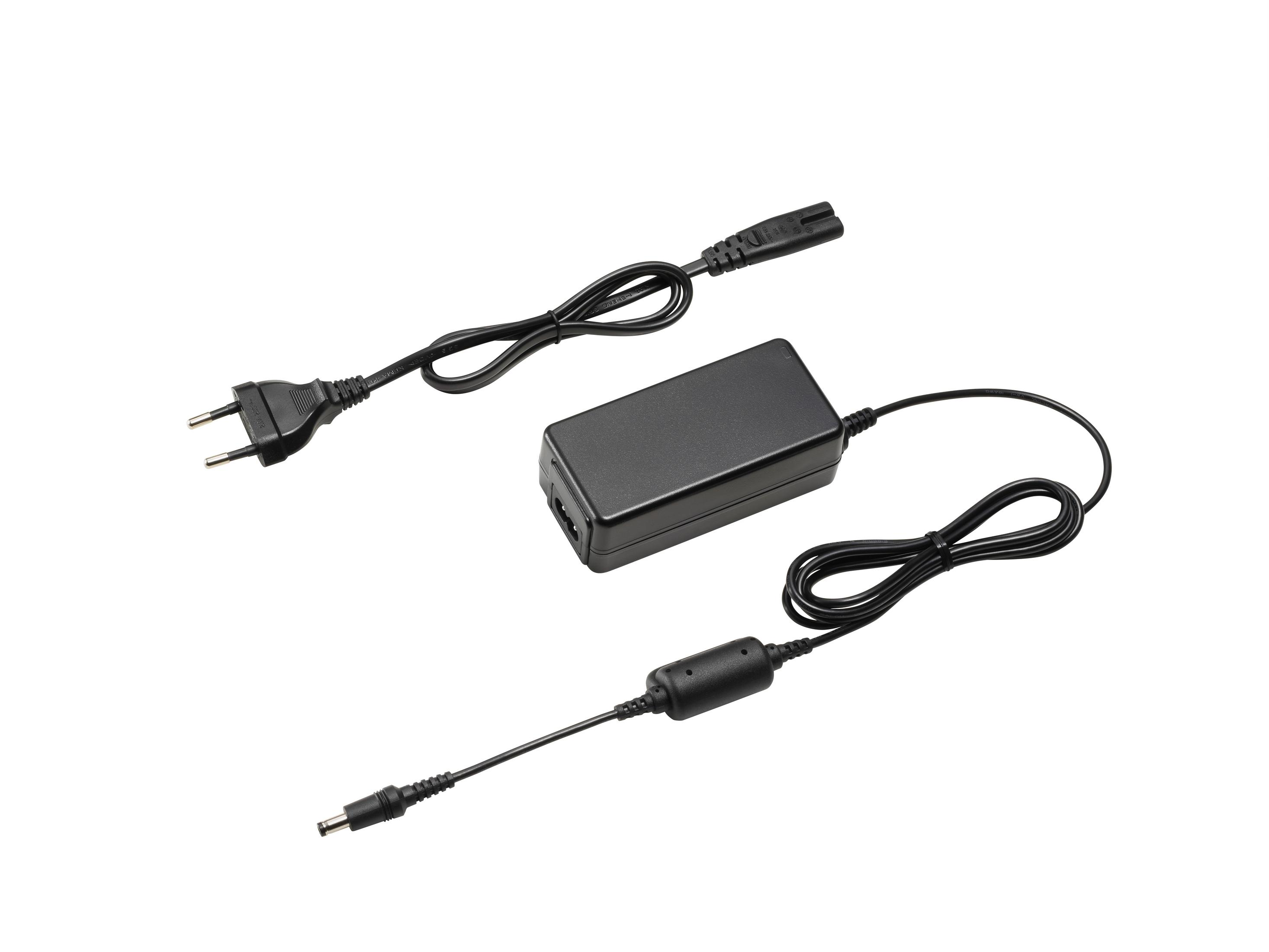 Ein schwarzer Netzadapter und zwei Stromkabel auf einem weißen Hintergrund. Der Adapter befindet sich in der Mitte.