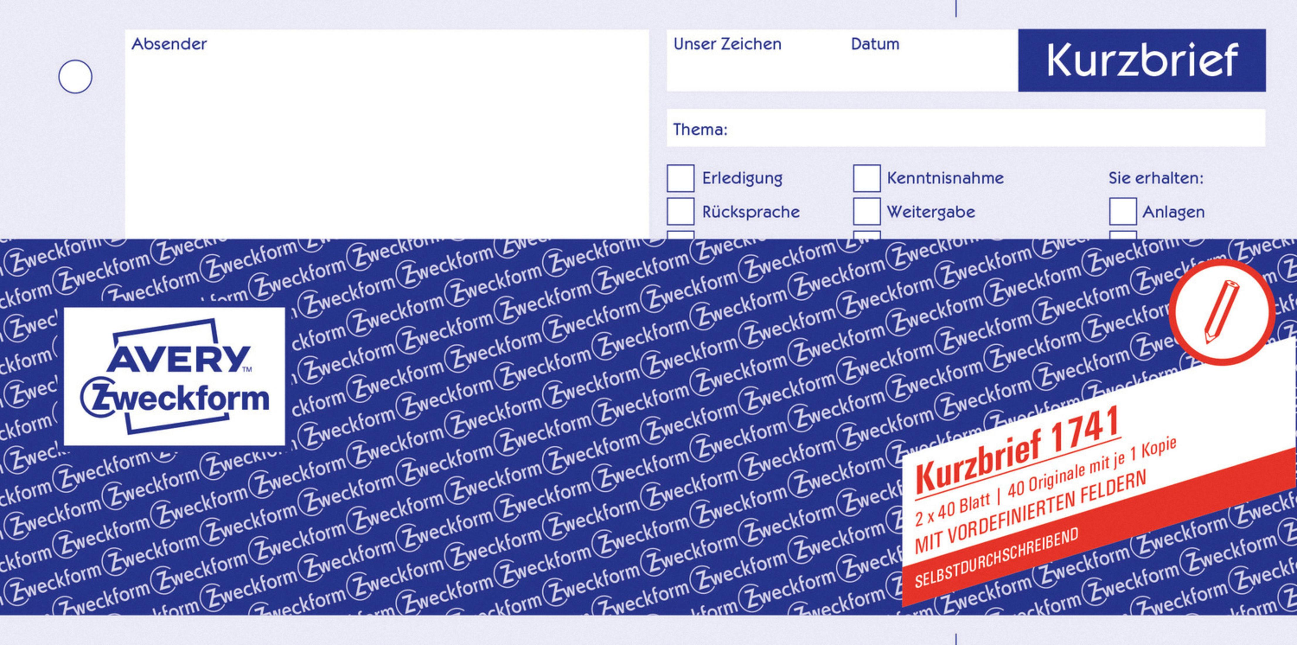 Formular mit Avery-Logo, Textfeldern und Kontrollkästchen auf blau-weißem Hintergrund.