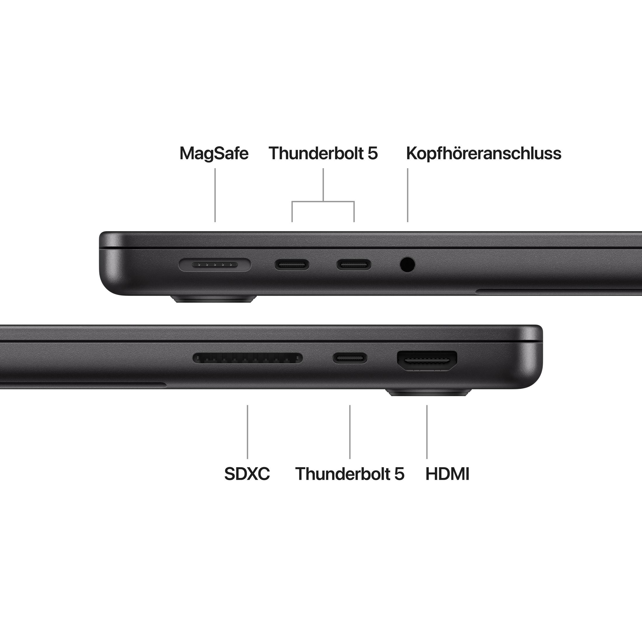 Die linke Seite eines Laptops hat einen MagSafe-Anschluss, zwei Thunderbolt 5-Anschlüsse und eine Kopfhörerbuchse.