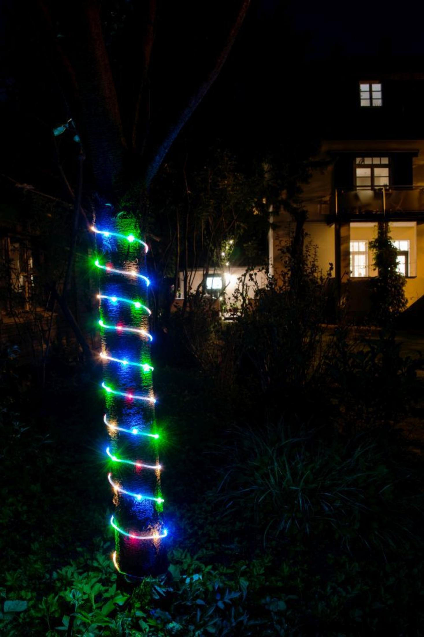 Ein Baumstamm, der nachts mit bunten LED-Lichtern umwickelt ist, mit einem Haus im Hintergrund.