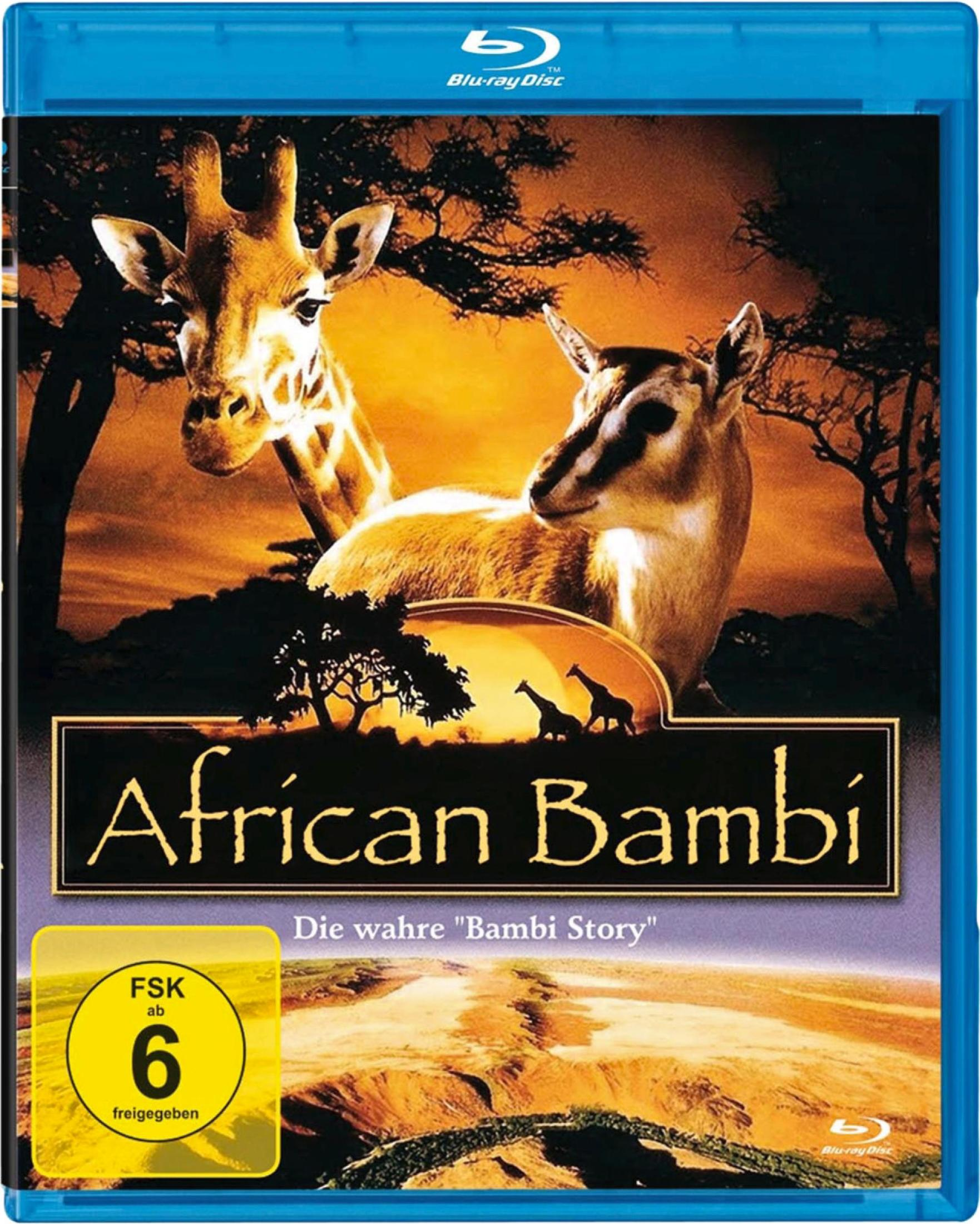 Das Blu-ray-Cover "African Bambi" zeigt eine Giraffe und eine Antilope in einer goldenen Landschaft vor einem Sonnenuntergang.