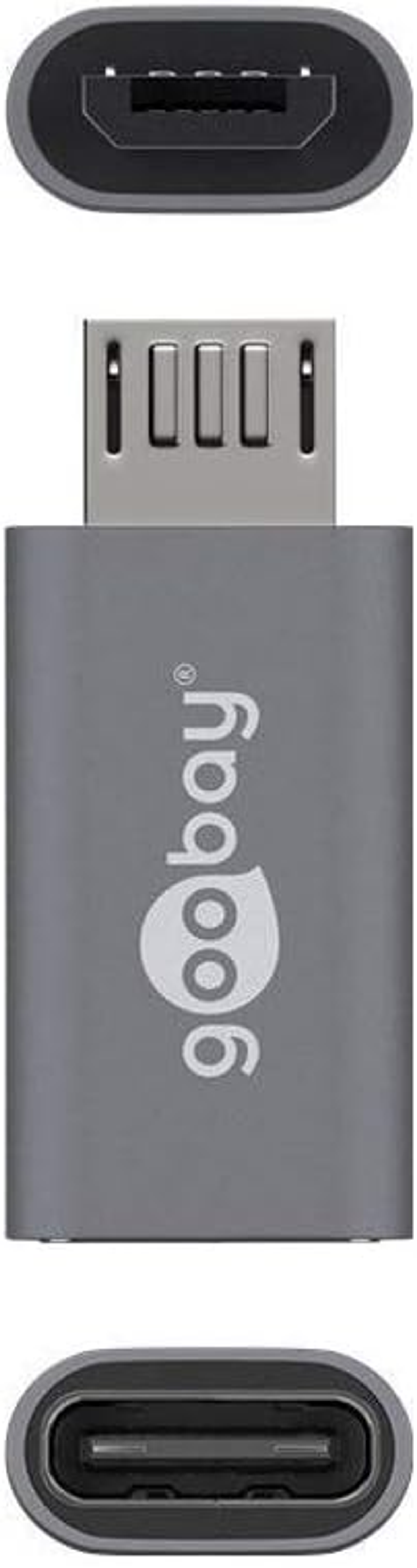 Ein grauer Adapter mit einem USB-C-Anschluss an einem Ende und einem Micro-USB-Anschluss am anderen, mit dem 'goobay'-Logo.