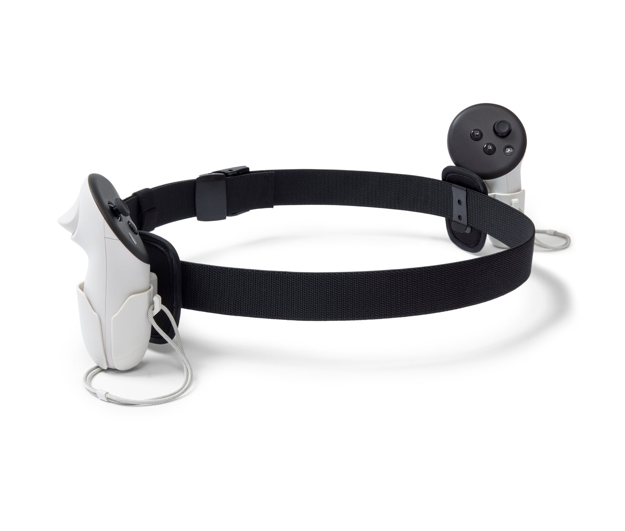 VR-Controller-Halter an einem schwarzen, verstellbaren Gürtel vor einem weißen Hintergrund.