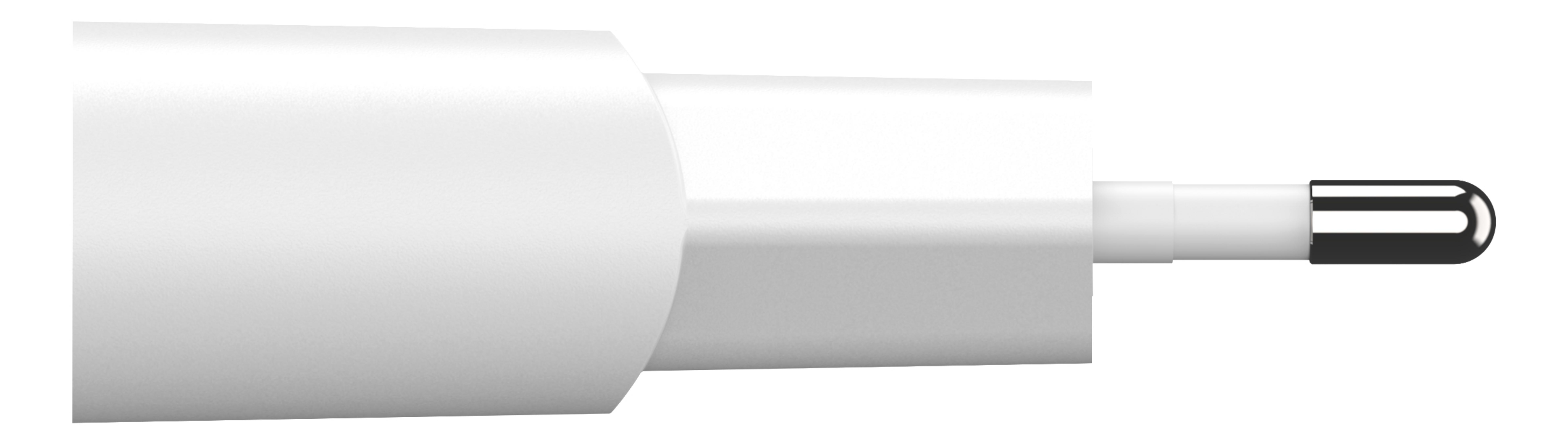 Nahaufnahme eines weißen Ladegerätstifts. Der Stift ist silberfarben und hat eine abgerundete Form.