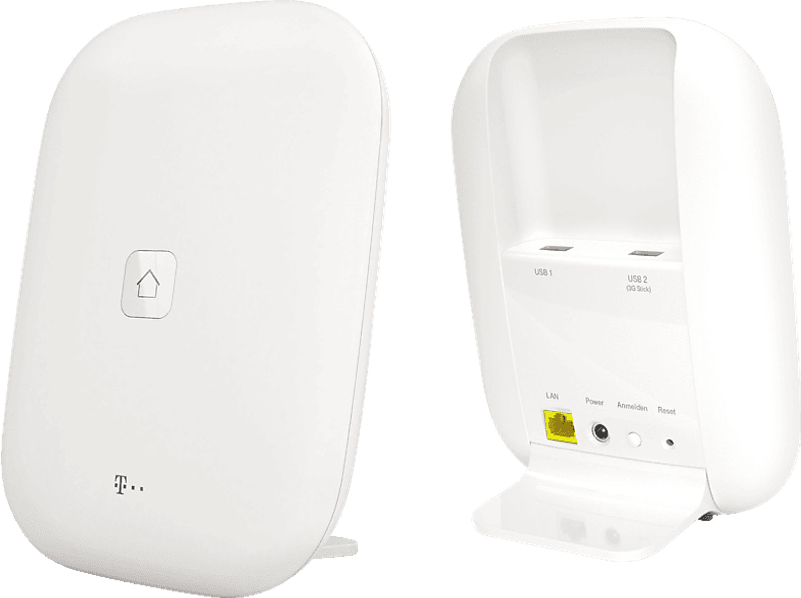 Vengono visualizzati due router bianchi, che mostrano le porte e un pulsante home su uno sfondo pulito.